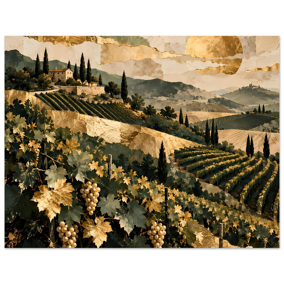 Landschaftsposter mit Weinbergen, goldenen Reben und Trauben, im Sonnenlicht