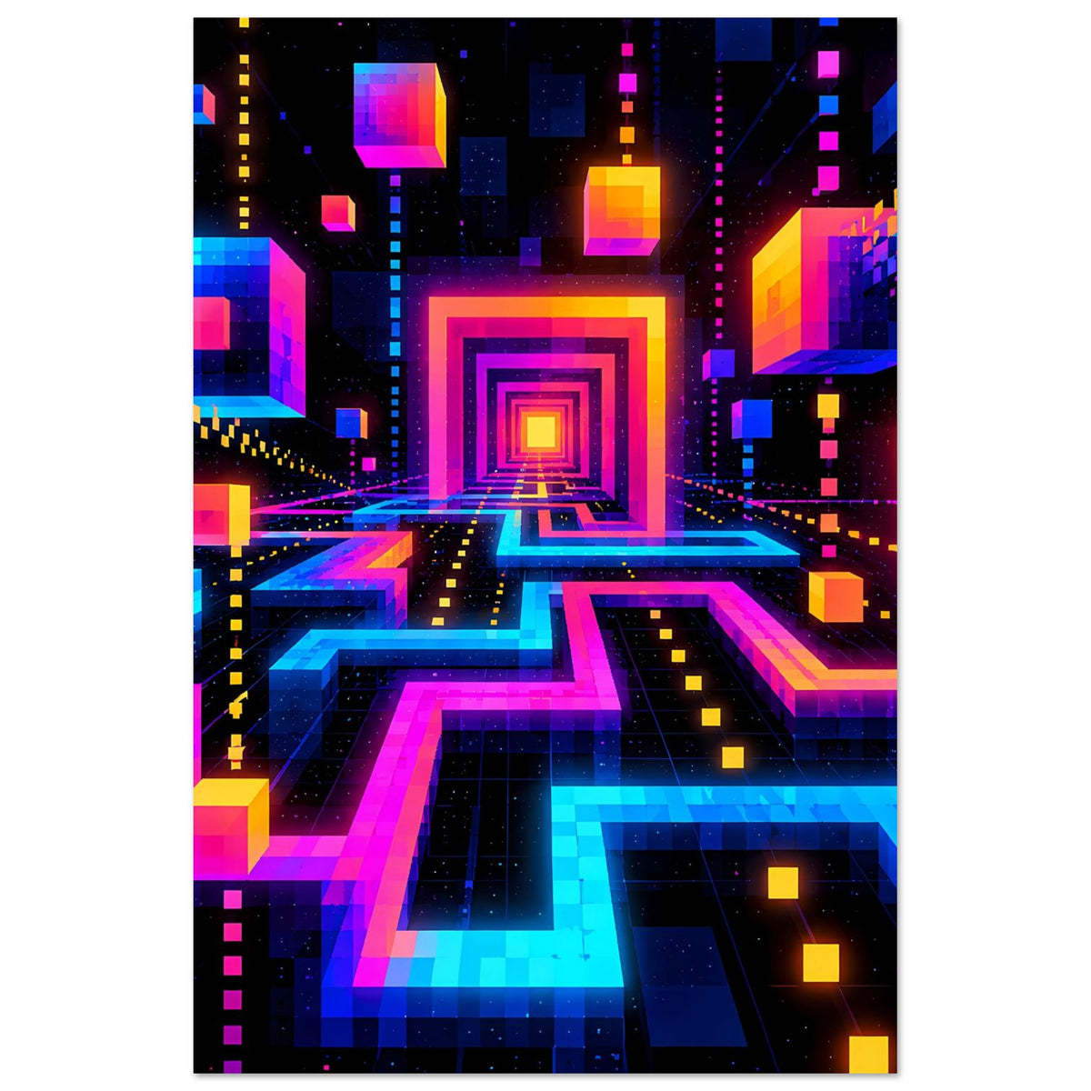 Neon-Labyrinth-Poster im Hochformat: leuchtende Quadrate und Blockwege in Blau, Pink.