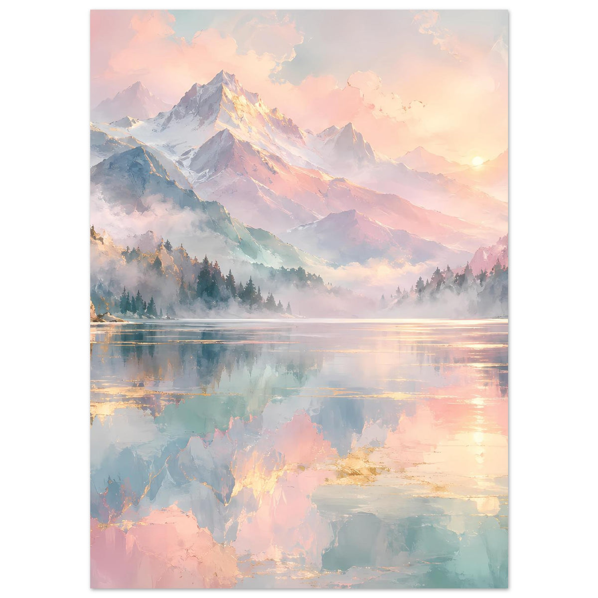 Poster im Hochformat: Berge in Pastelltönen, Waldlinie und Nebel am Seeufer.