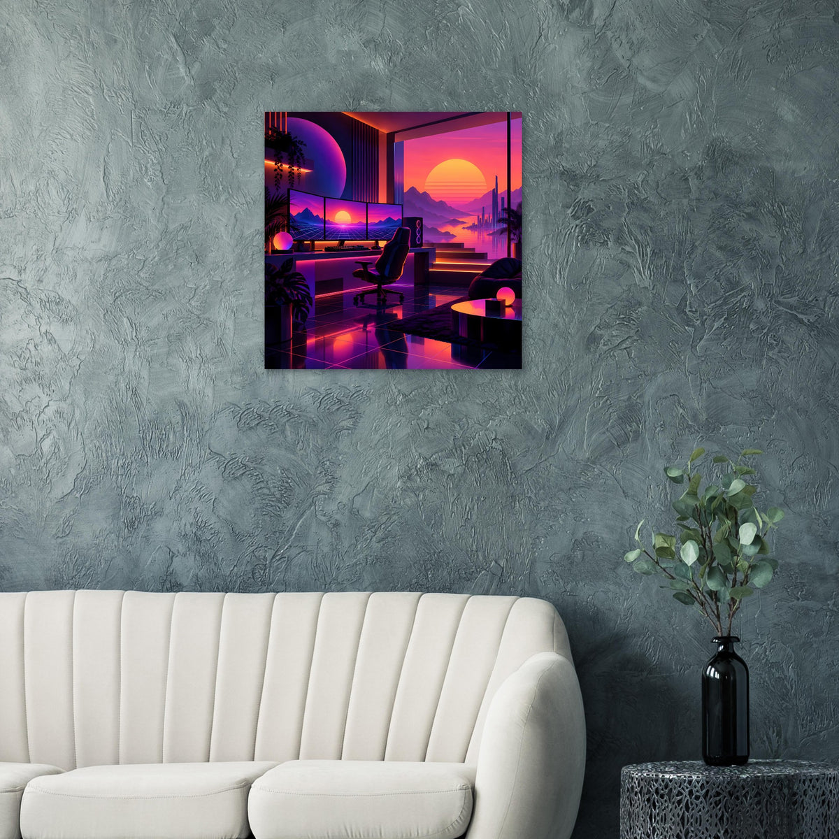 Quadratisches Neon-Retro-Poster mit Sonnenuntergang, türkis leuchtendem Gebäude und orangefarbener Sonne