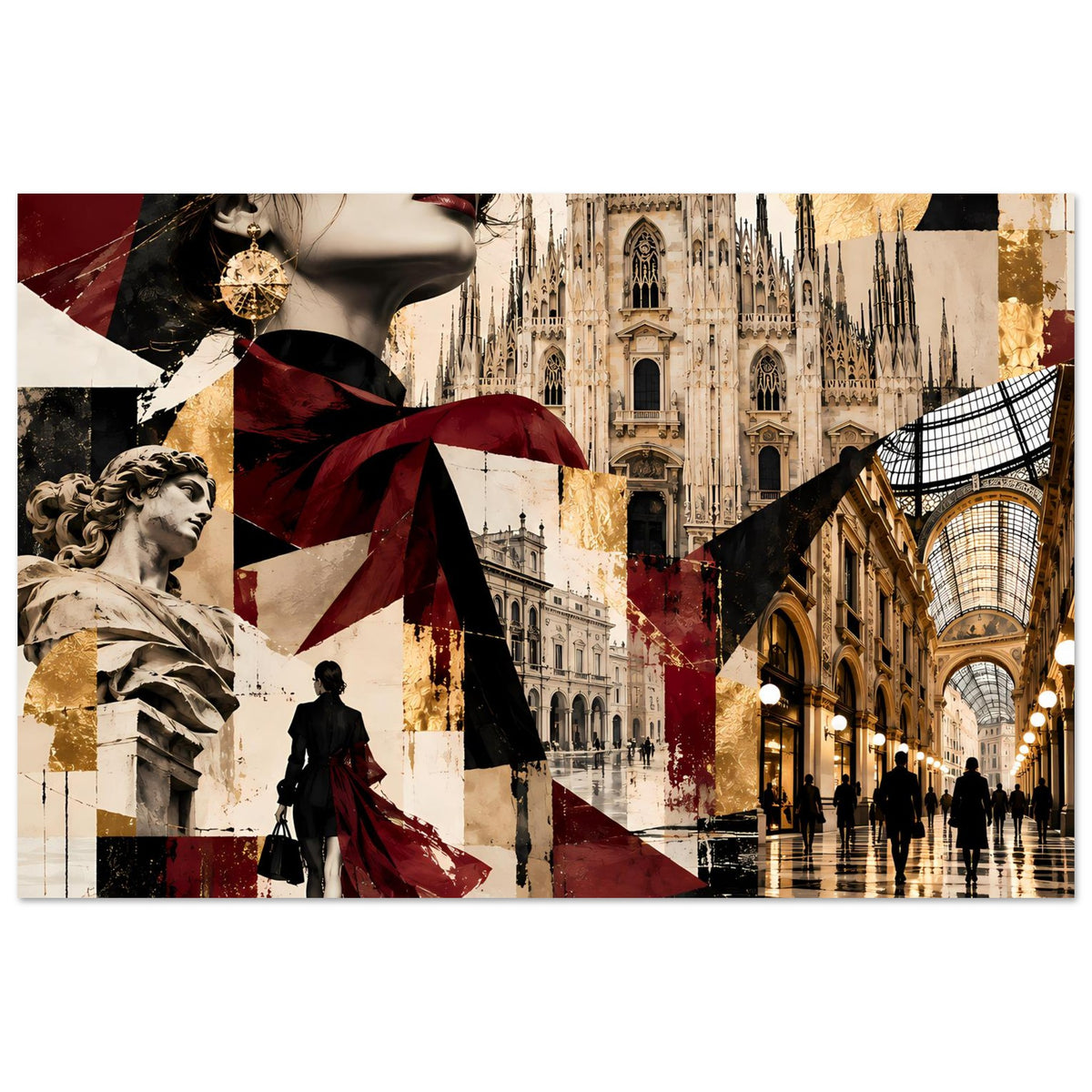 Horizontales Collage-Poster mit Londoner Architektur, Figur und Flaggenelementen in Burgund