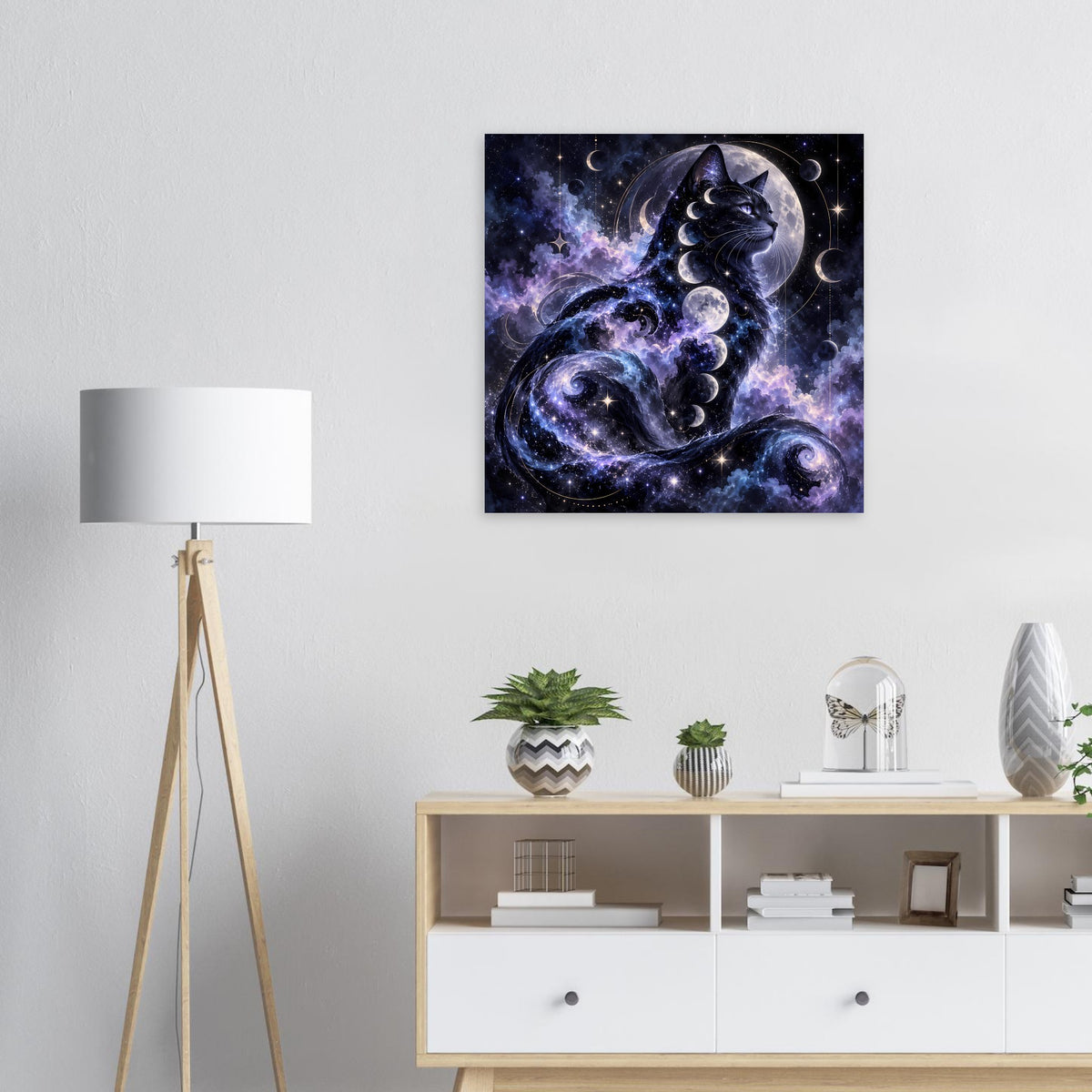 Poster mit kosmischer Katze, Mondphasen und Sternen, quadratisch, schwarzer Rahmen