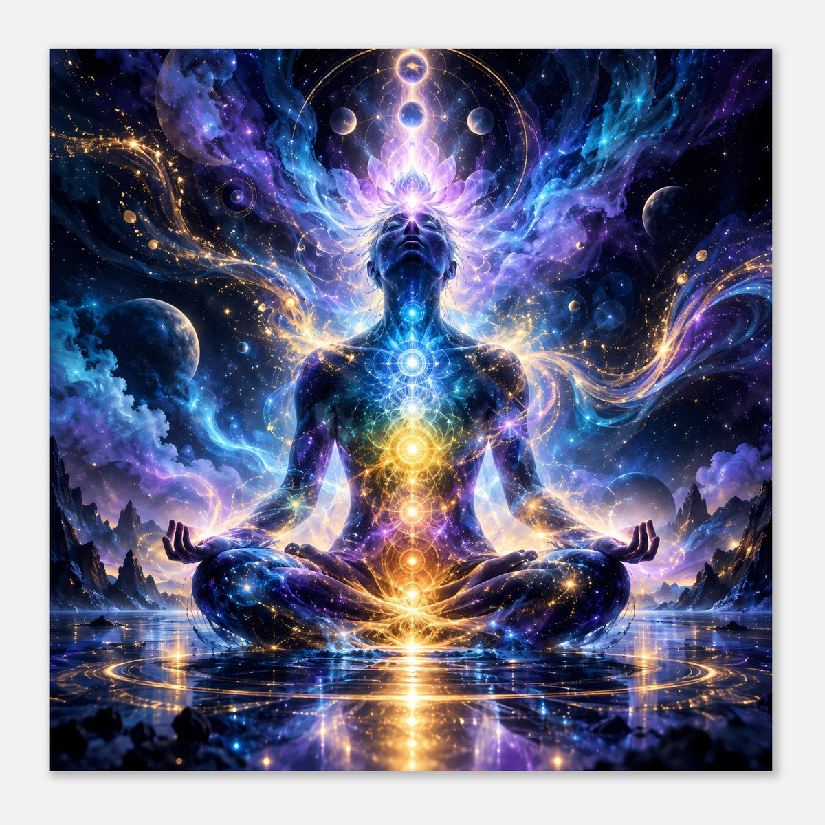 Spirituelles Poster im Querformat: sitzende Figur mit leuchtender Chakra-Linie im Sternenmeer
