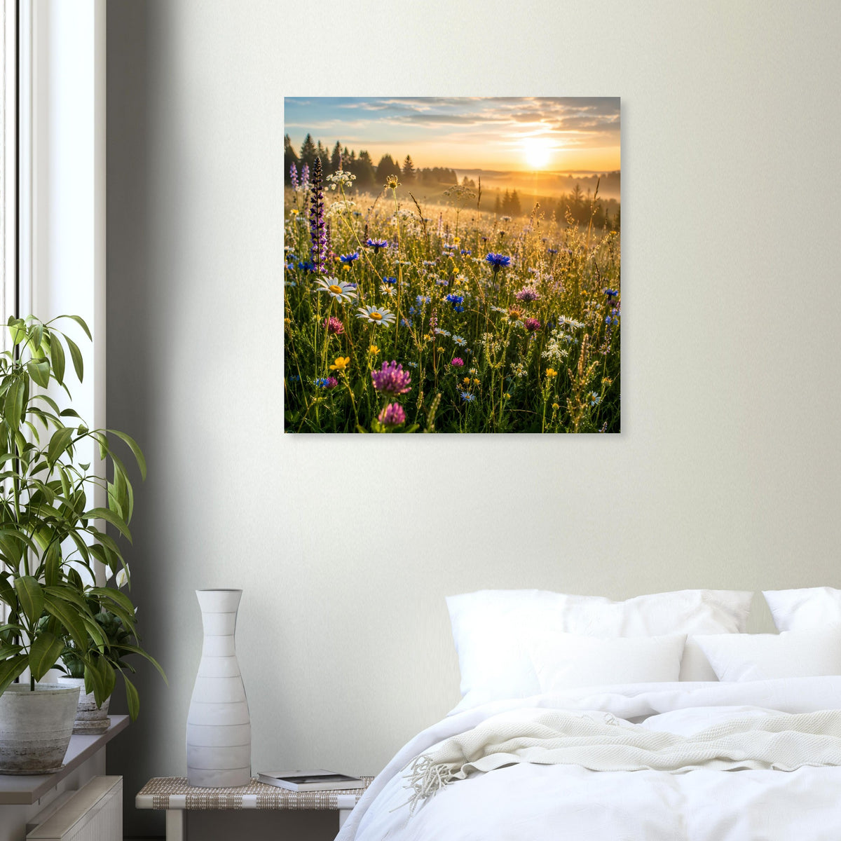 Quadratisches Poster: bunte Wildblumen im Vordergrund, Sonnenuntergang im Landschaftsmotiv