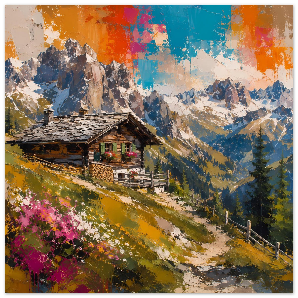 Wandposter: Berghütte mit Blumen und Wiese, mehrfarbiger abstrakter Himmel, schroffe Berge