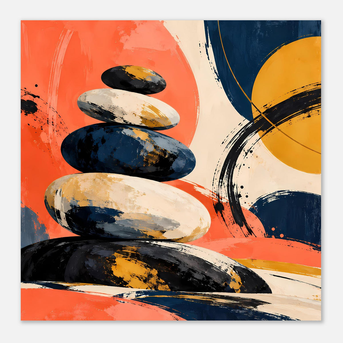 Abstraktes Poster mit Stein-Stapel, kräftige Kontraste aus Orange, Navy und Creme