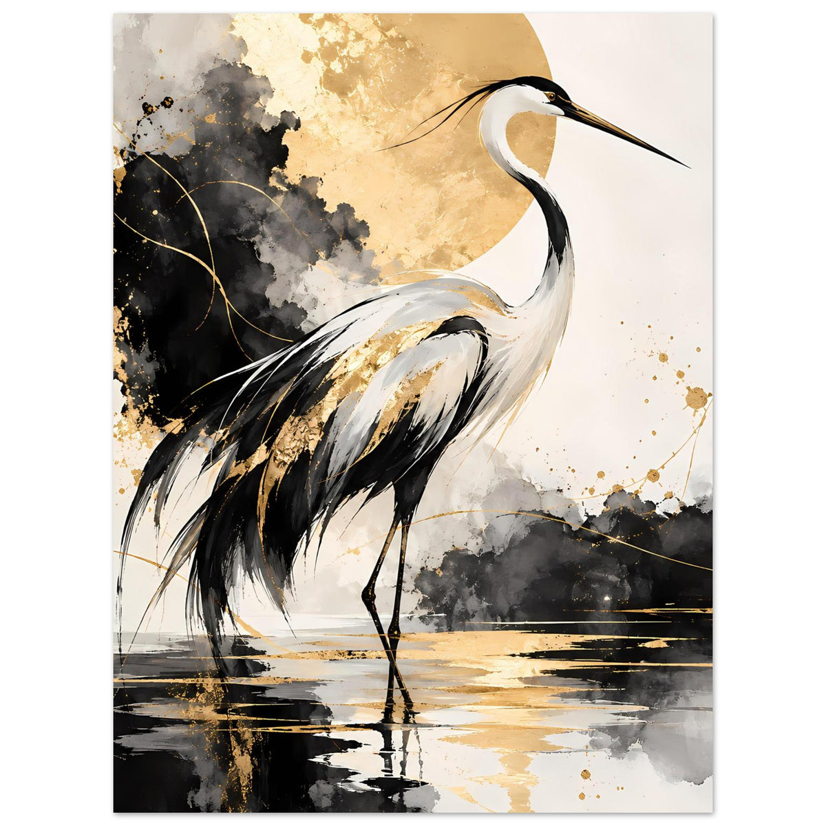 Vogelposter mit Kranich in Schwarz, Weiß und Gold; Blick auf Kopf und Hals