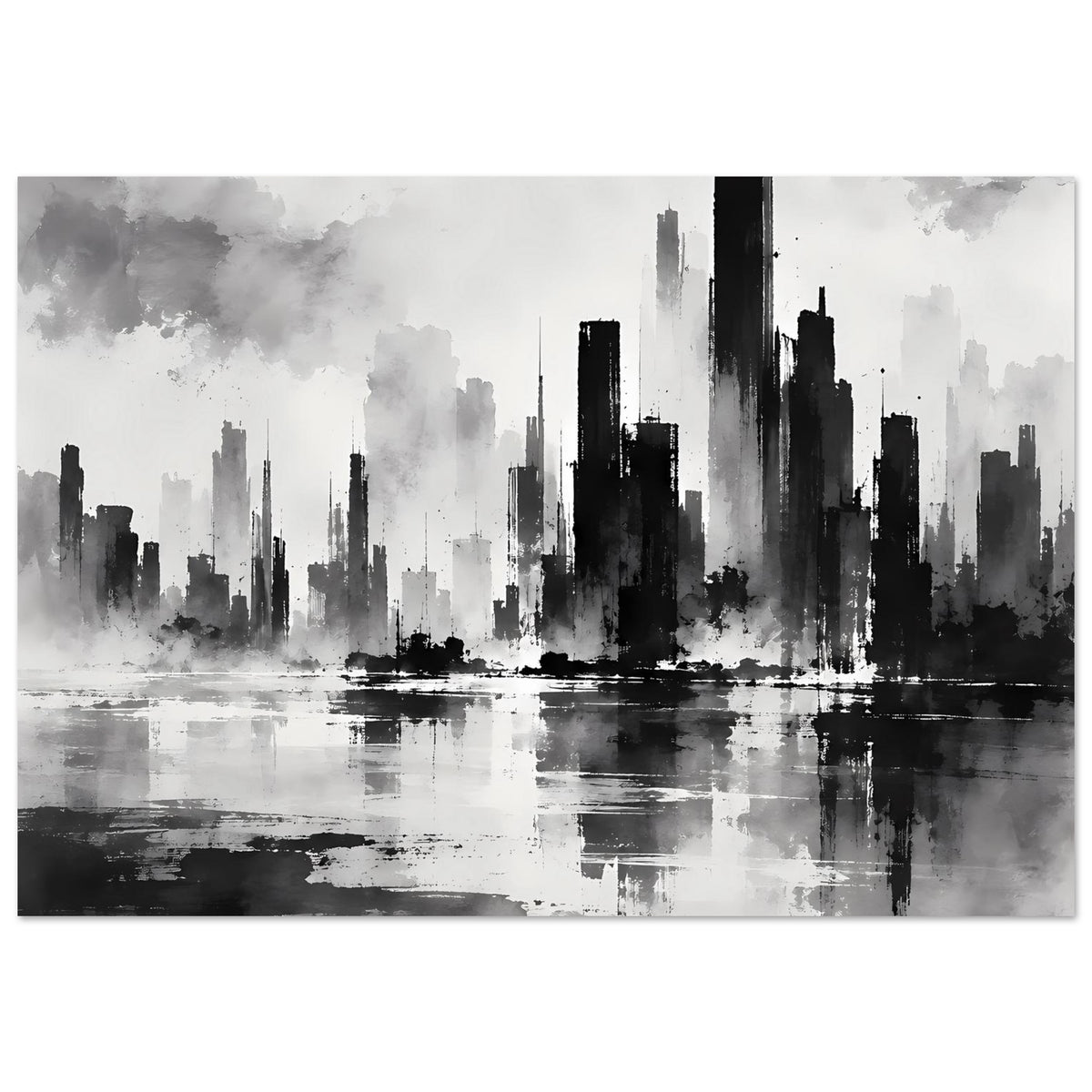 Horizontales Schwarz-Weiß-Stadtposter mit dramatischer Skyline und Reflexion am Wasser