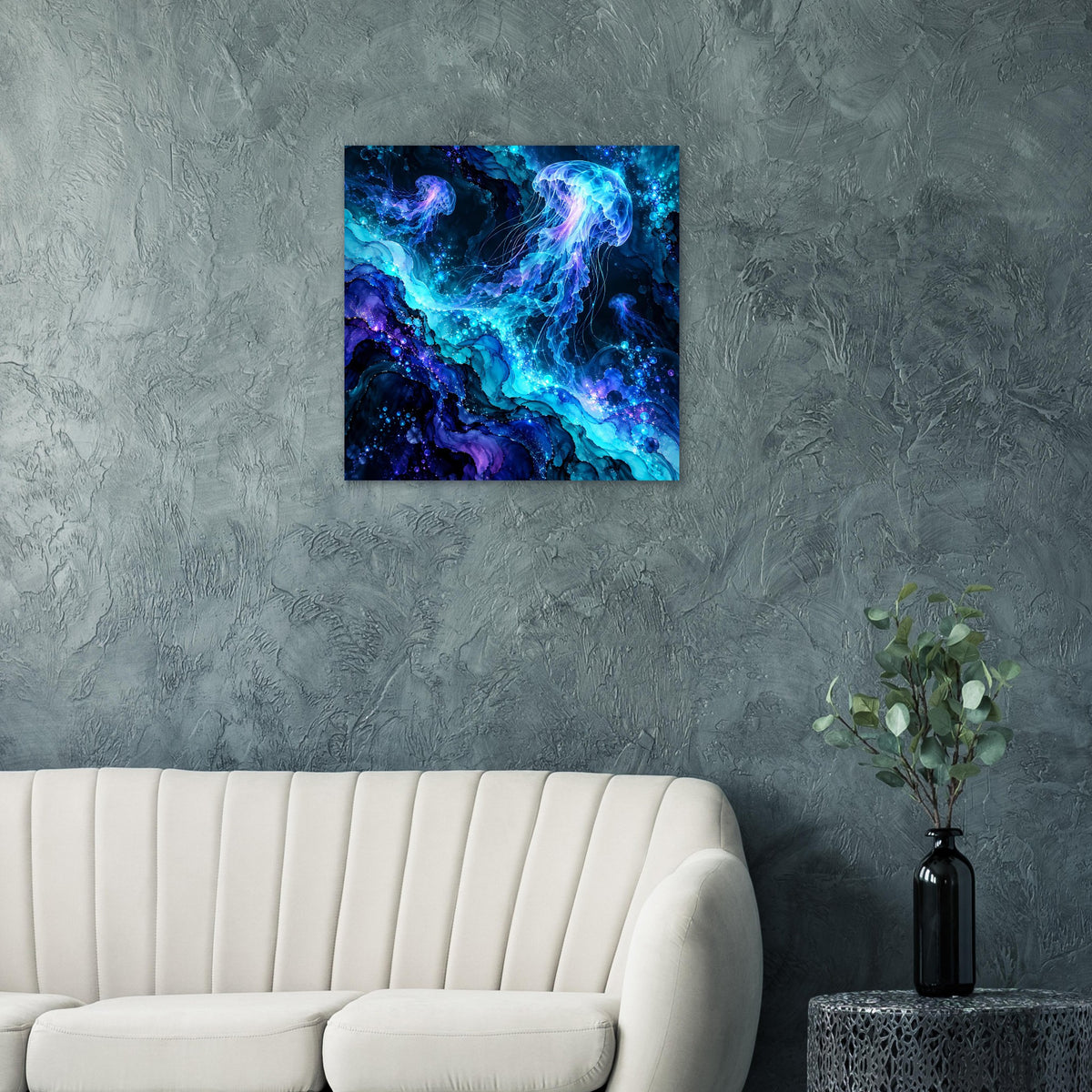 Leuchtendes Quallen-Poster mit intensivem Blau-Violett-Unterwasser-Lichtmotiv, quadratisch