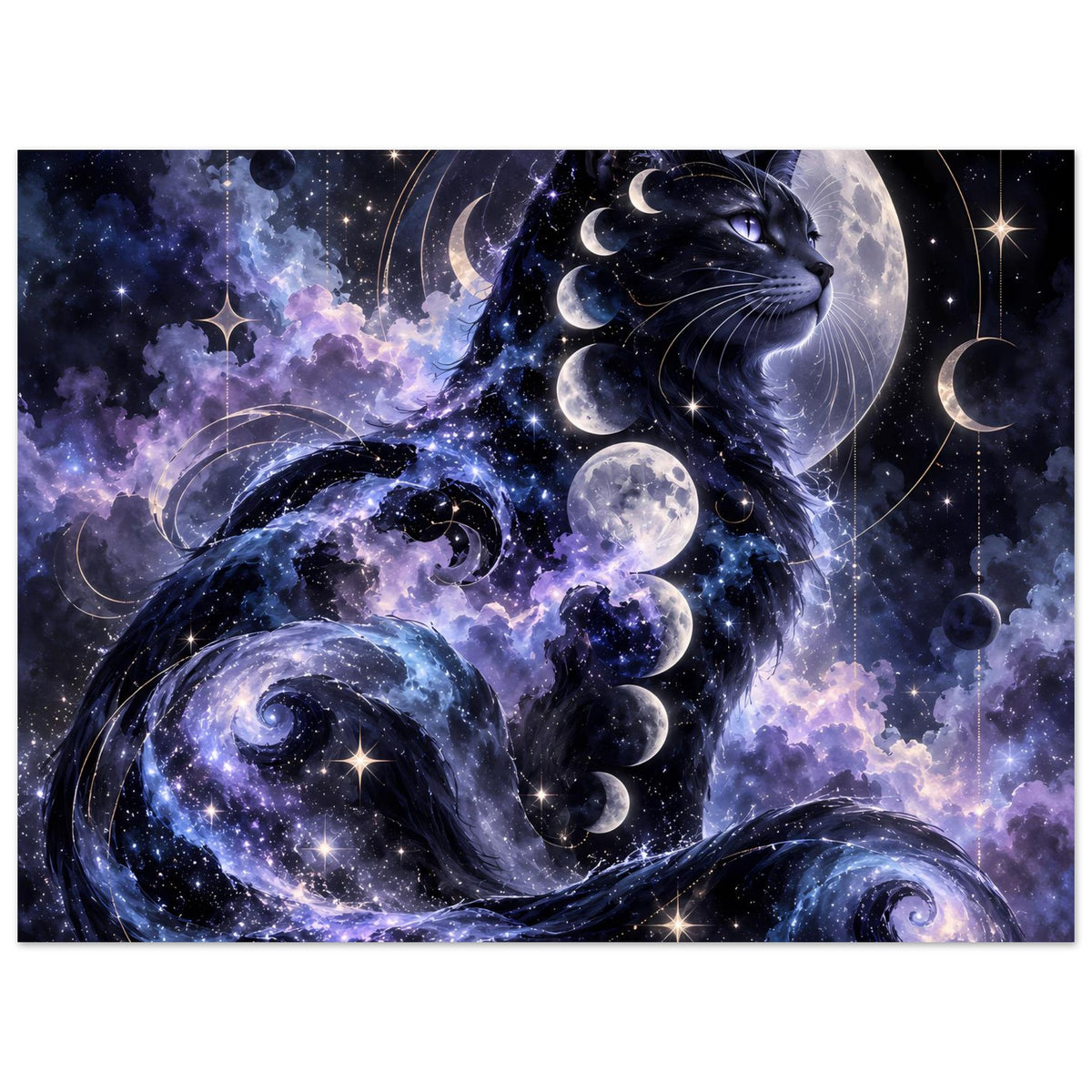 Poster mit Galaxien-Katze und Mondphasen, darunter geschwungene Wolken und Sternsterne.