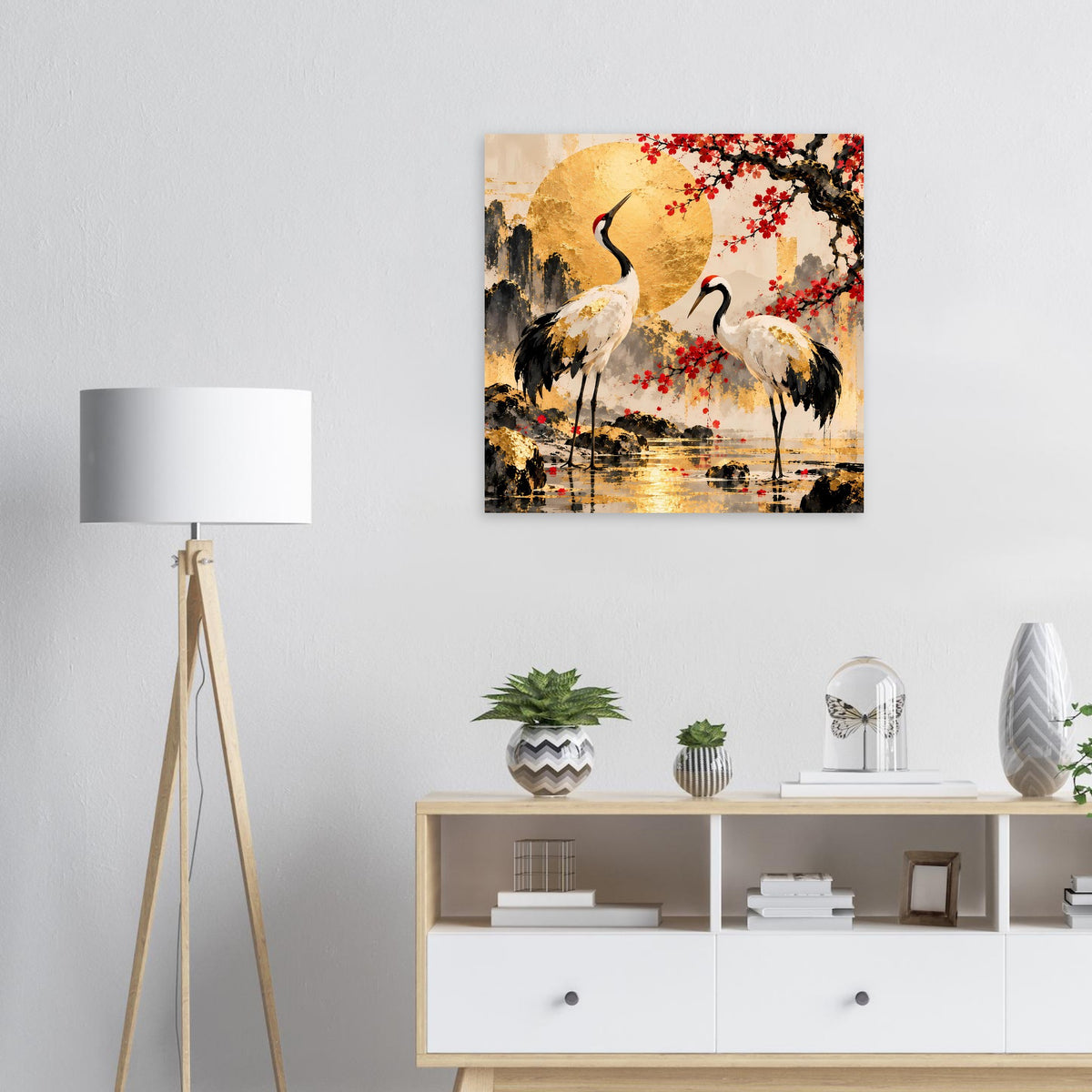 Quadratisches Poster mit Kranichen und Kirschblüten, goldener Kreis über Wasserreflexen