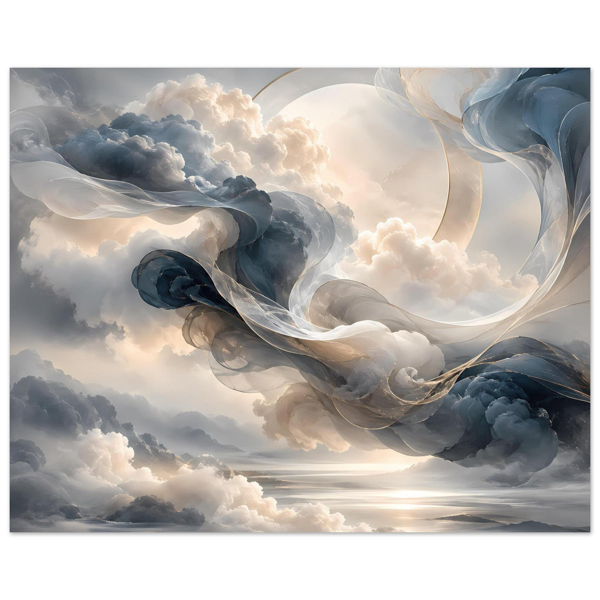 Abstraktes Himmelsposter im Querformat: Wolken mit goldenem Horizont und schimmerndem Band