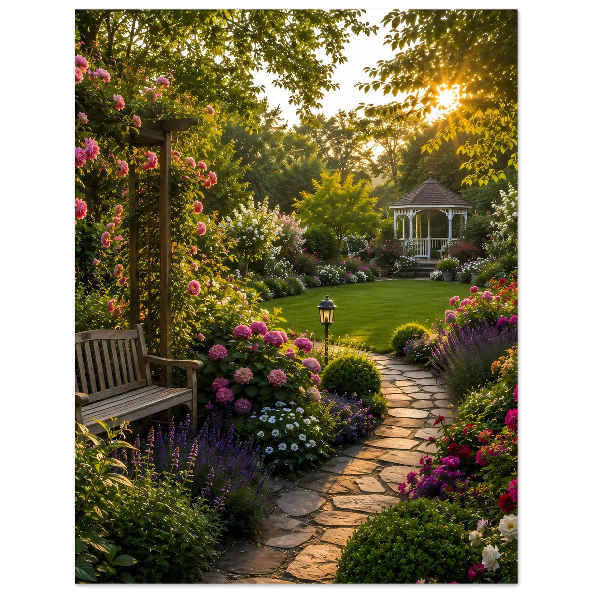 Gartenposter mit Blumenbeeten, Steinweg, Gartenbank links und Pavillon im Hintergrund
