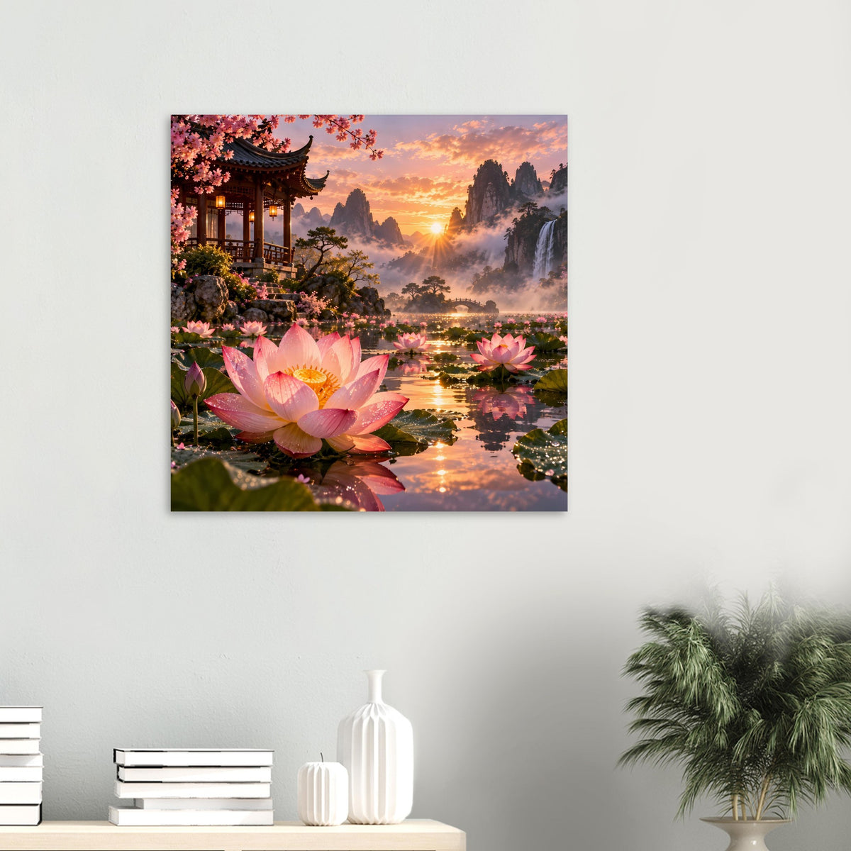Quadratisches Poster mit pinken Lotusblüten, Tempel und Sonnenuntergang am Wasser