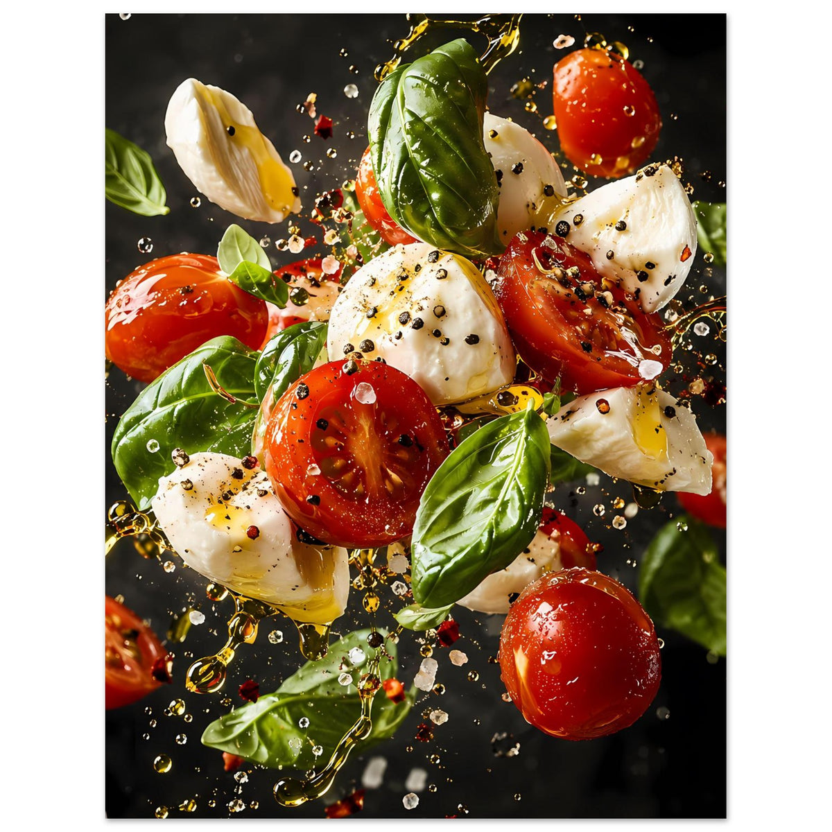Caprese-Salat-Artposter im Hochformat: Tomaten, Mozzarella, Basilikum, Tropfen