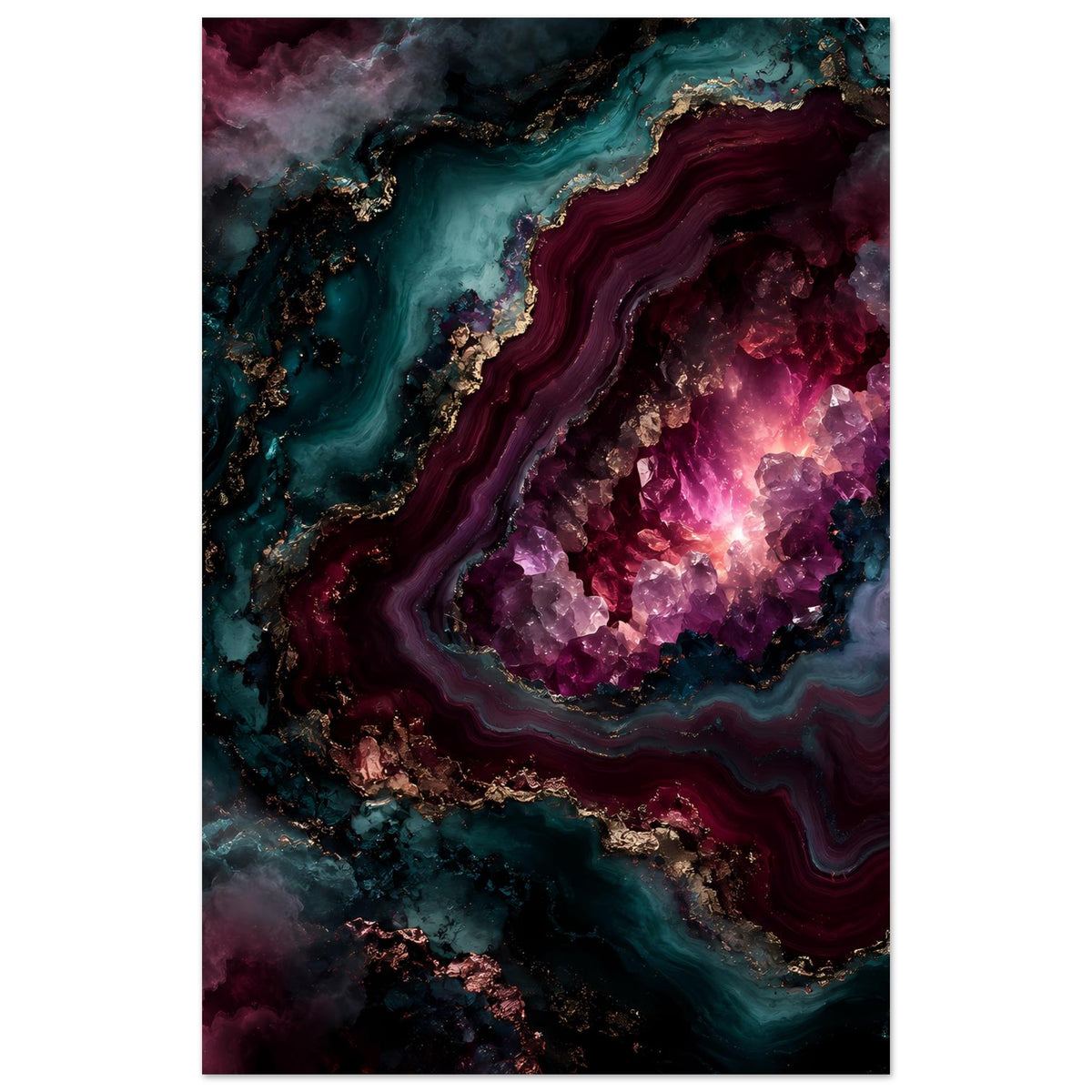 Poster im Hochformat: Amethyst-Geode mit violettem Kern, türkisfarbenen Strömen, goldene Linien