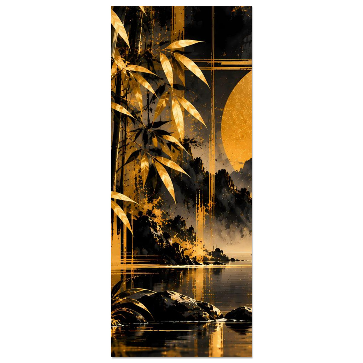 Vertikales Poster mit goldener Bambuslandschaft: Bambusstreifen links, gelbes Licht, See unten