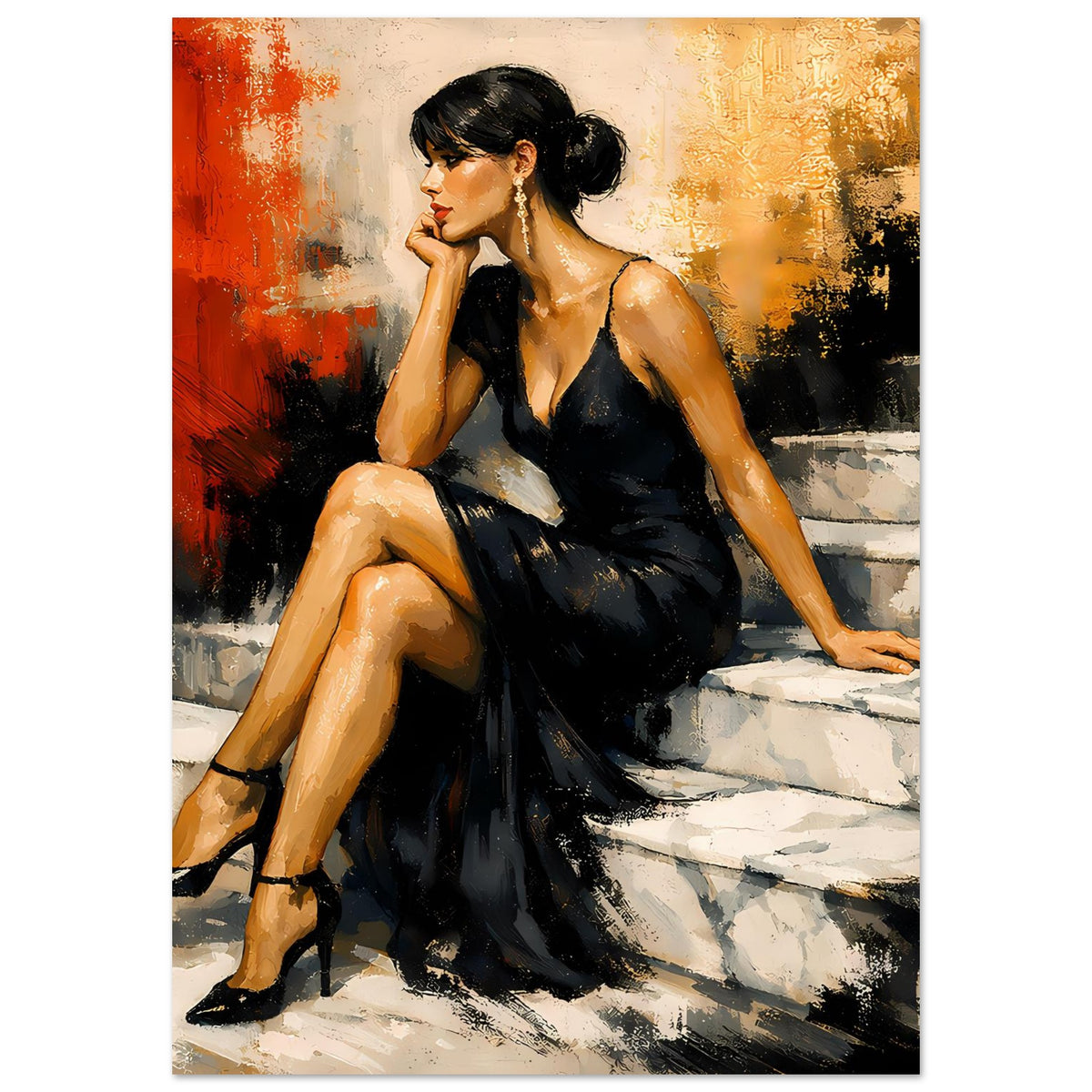 Poster im Hochformat: Frau im schwarzen Abendkleid, seitlicher Blick, sitzend mit Blick über die Schulter.