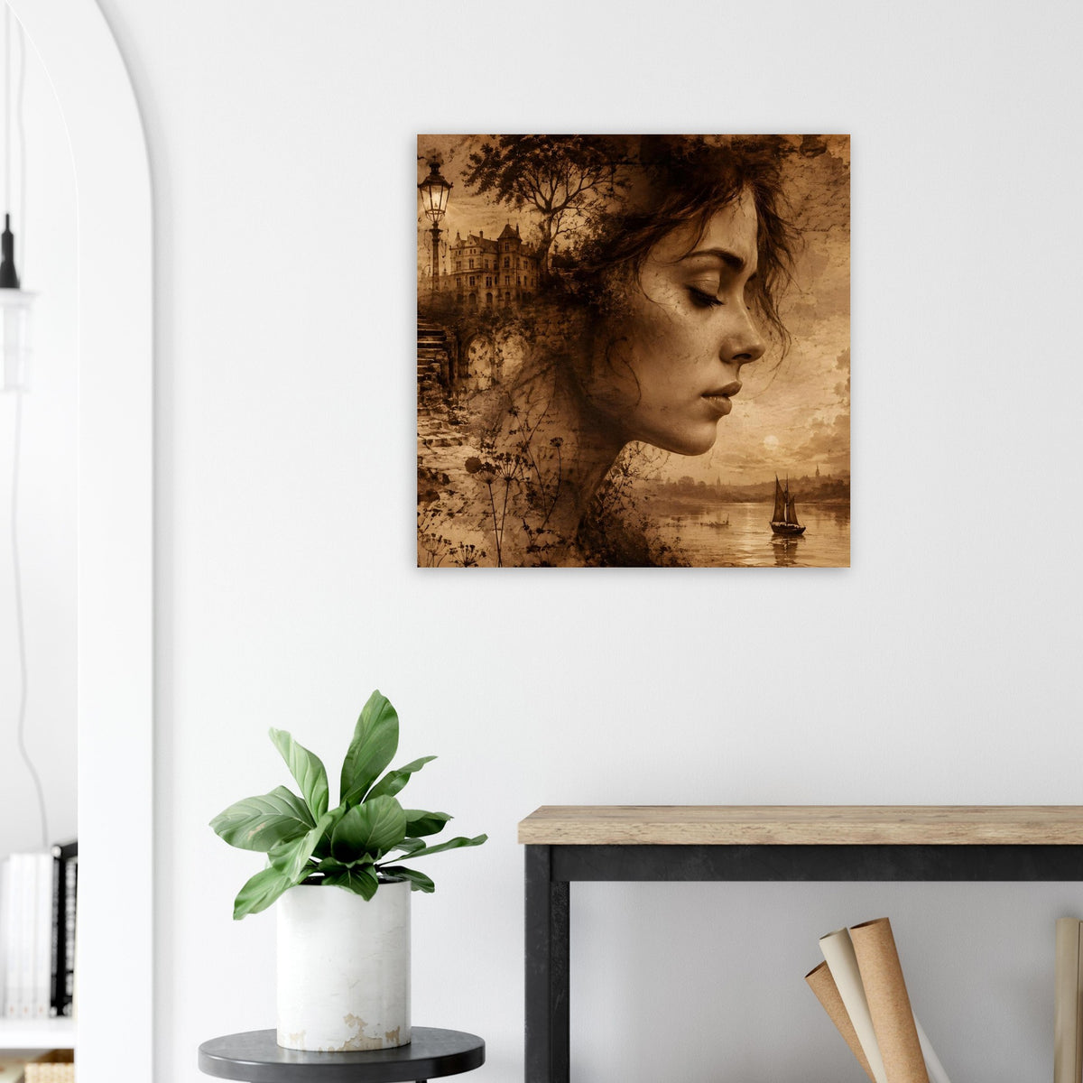 Quadratisches Sepia-Wandposter mit Frauenprofil, Stadtansicht und Wasser