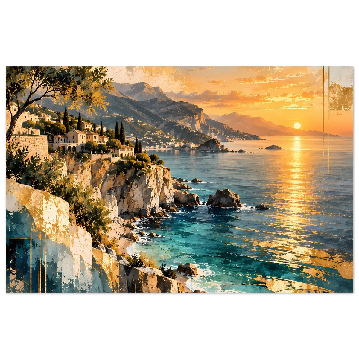 Horizontales Poster: Sonnenuntergang an der Küste, Felsklippen, türkisfarbenes Meer, Häuser
