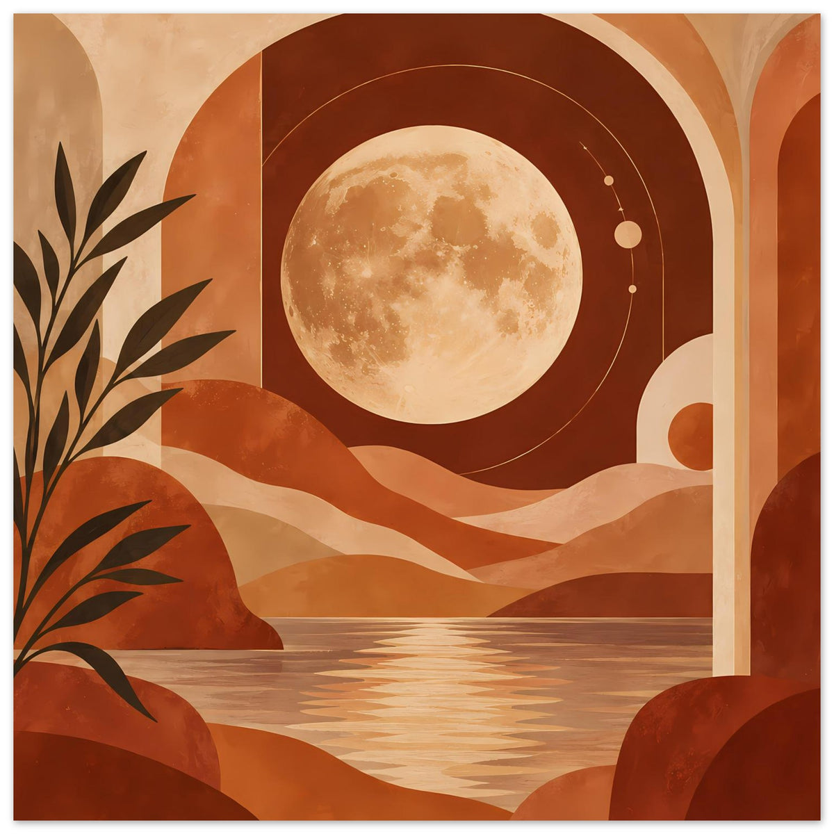 Boho-Poster im Hochformat mit Vollmond, Rundbögen, Dünen und Palme links