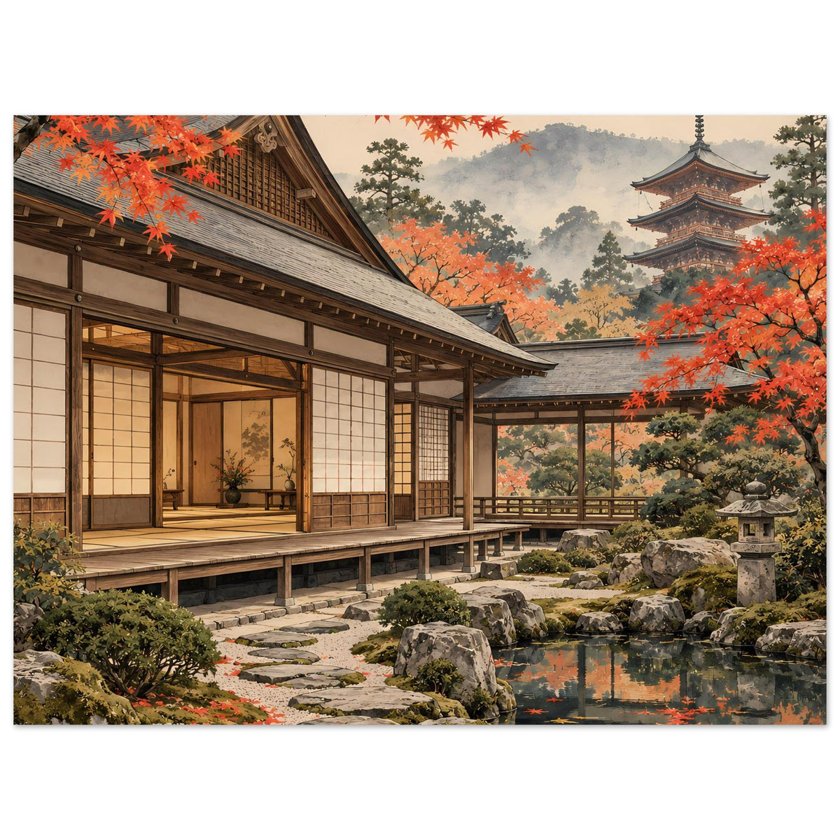 Querformat-Poster: japanischer Innenhof mit Holzhaus, Steinweg, Teich und orange-rotem Laub