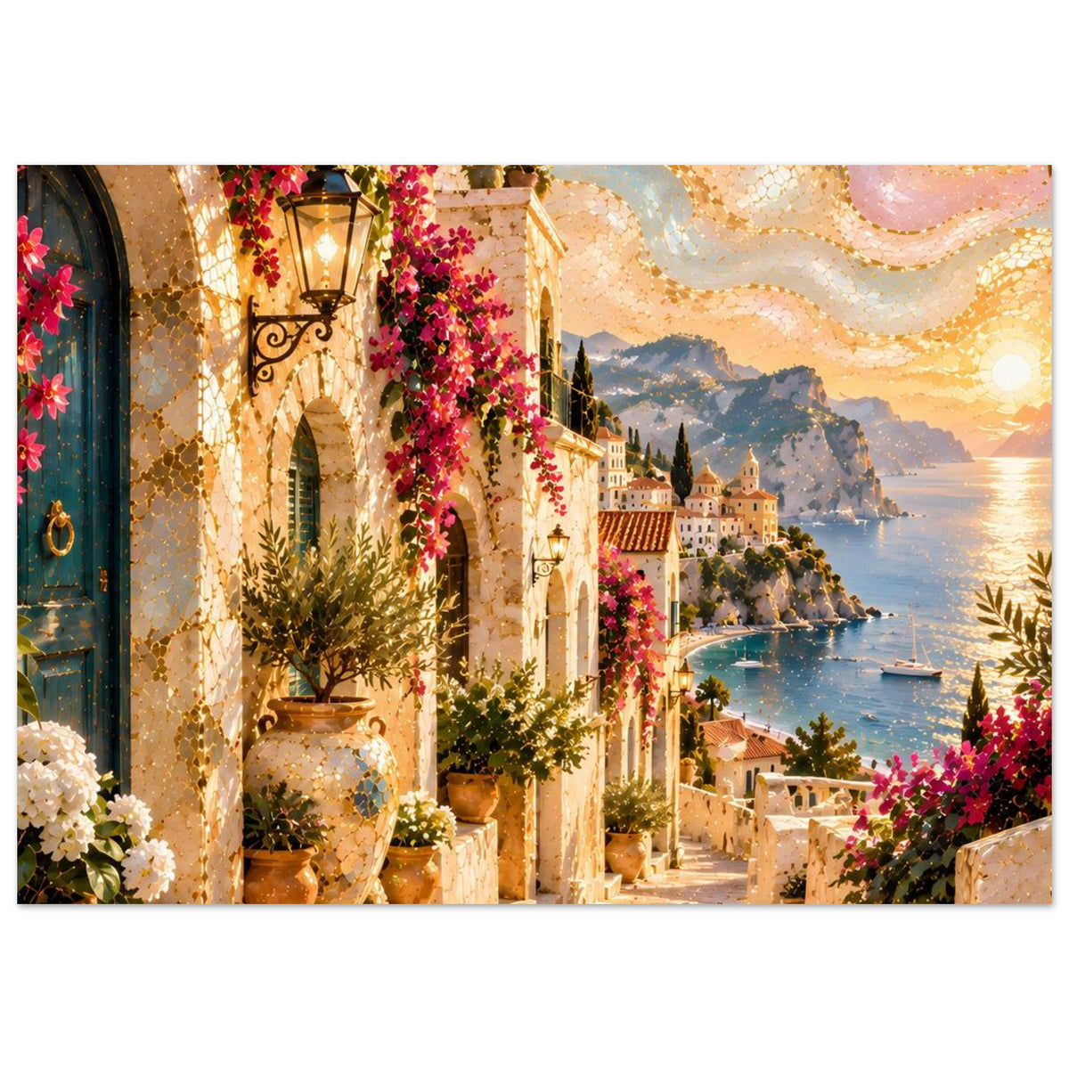 Poster mit mediterraner Straßenansicht: Blumen an Bögen, Laterne, Häuser am Wasser bei Sonnenuntergang