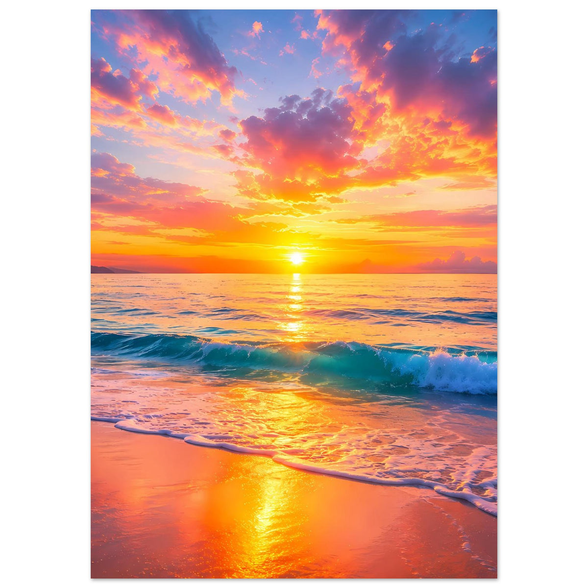 Sonnenuntergangsstrand-Poster, vertikal: Abendhimmel mit Sonne, Wasserreflexe, ruhige Wellen, Rand.