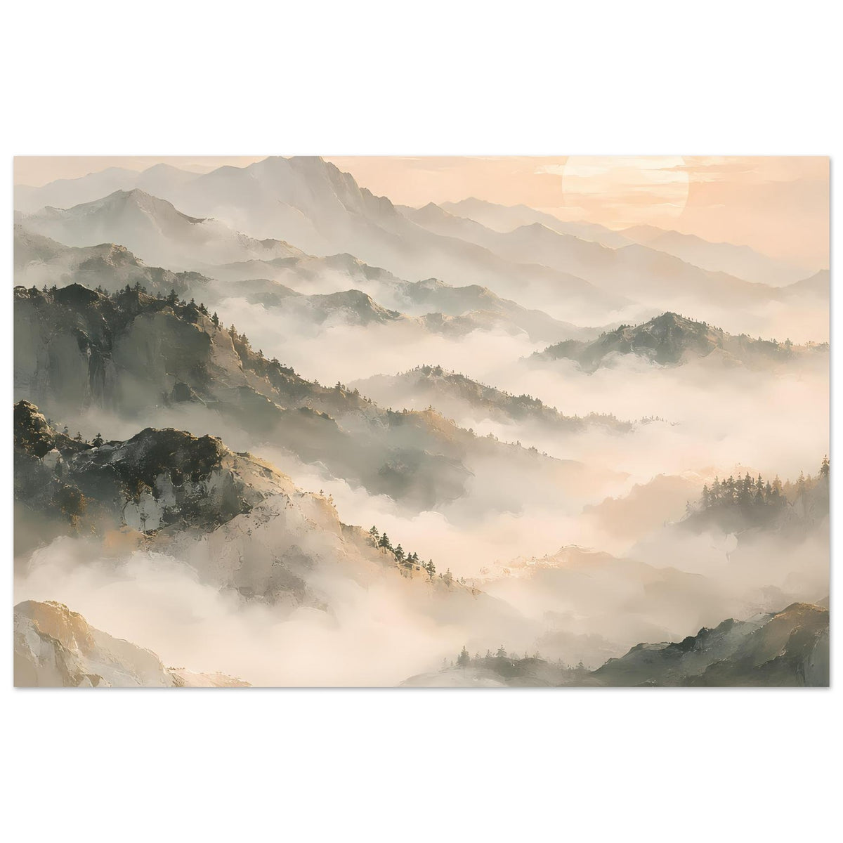 Horizontales Poster mit Berglandschaft, Nebel und warmem Morgenhimmel mit Sonne
