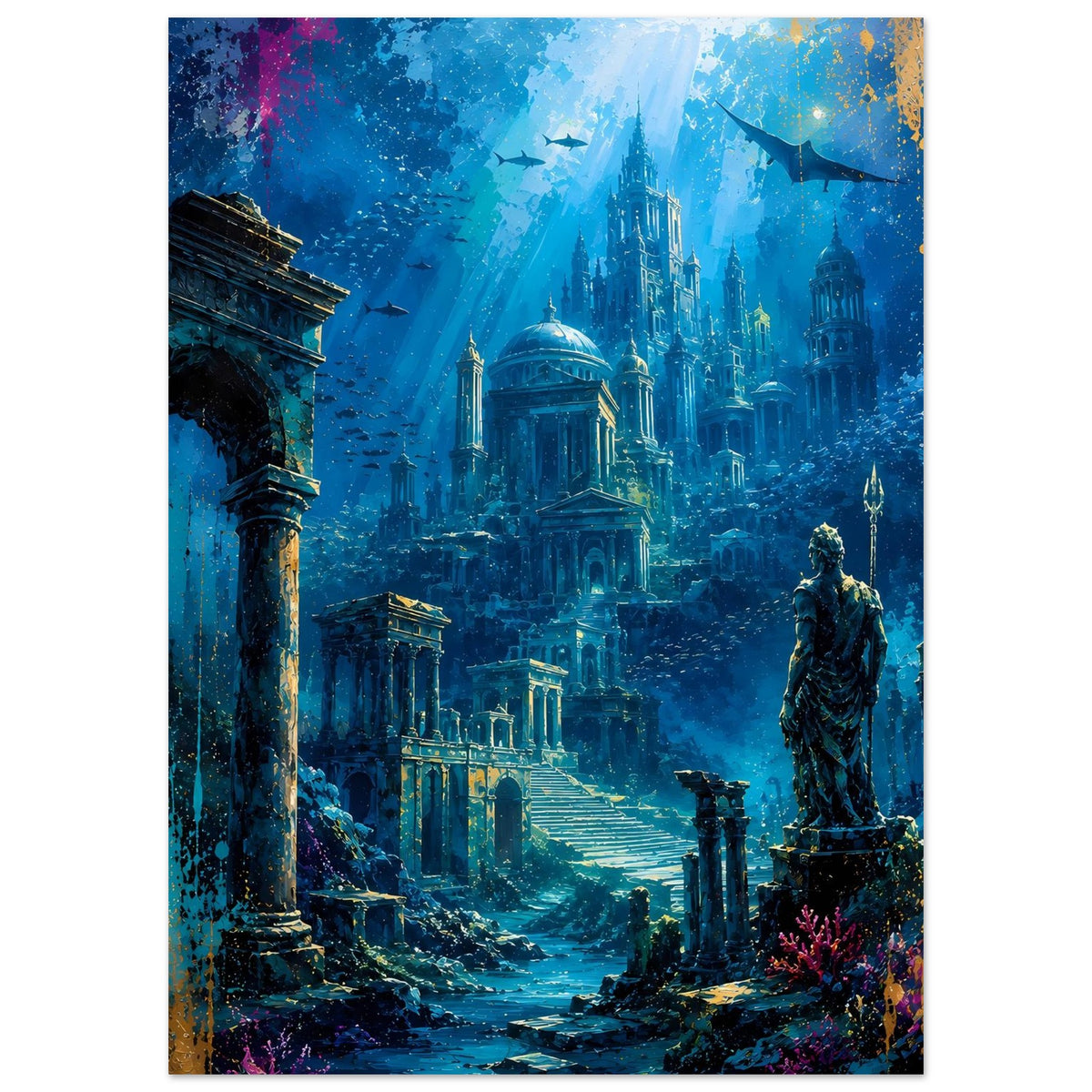 Unterwasserstadt-Poster mit blauem Atlantis, zentrale Kuppelgebäude, Statue auf Sockel rechts