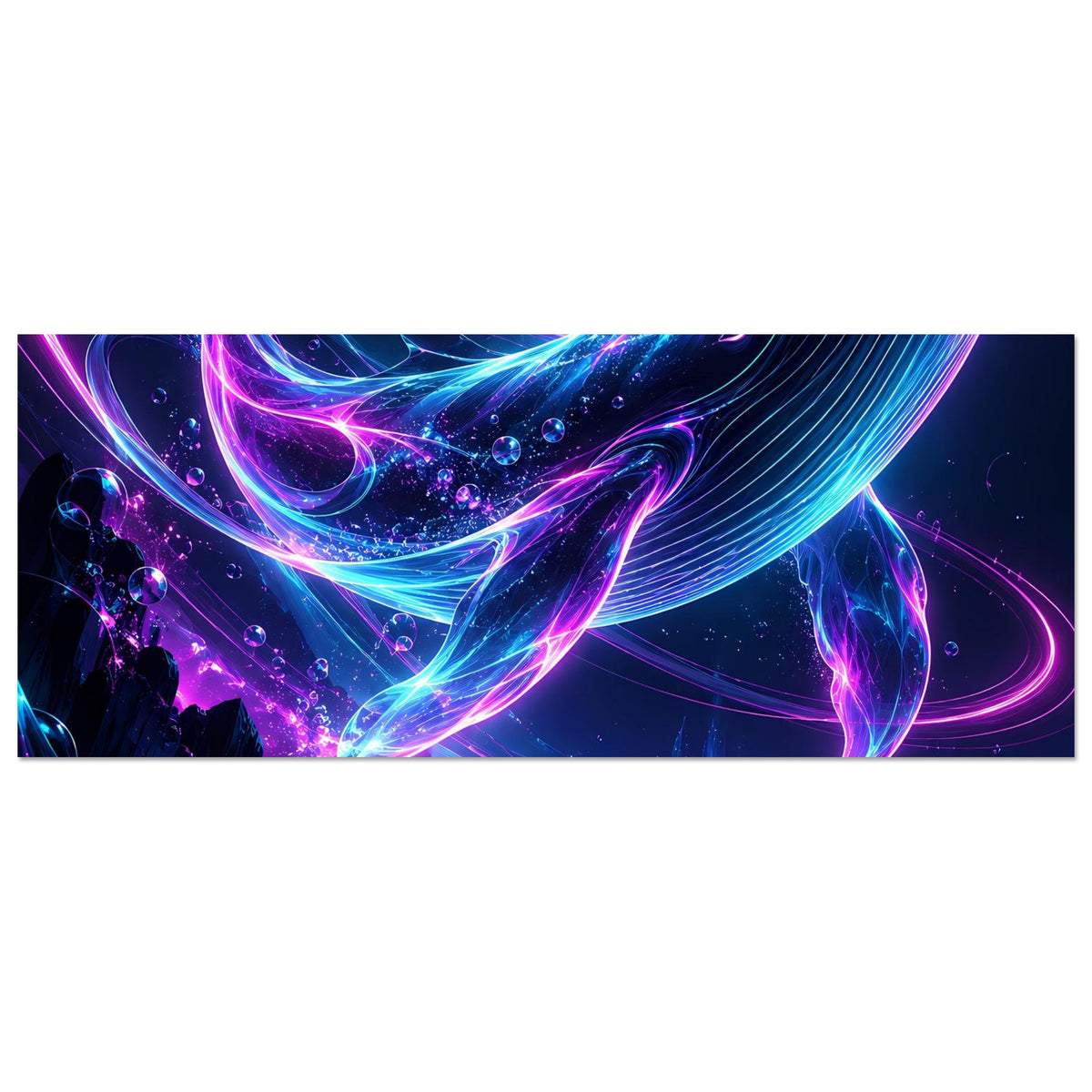 Horizontales Unterwasserposter: leuchtender Neon-Wal in Pink-Blau, umgeben von Blasen