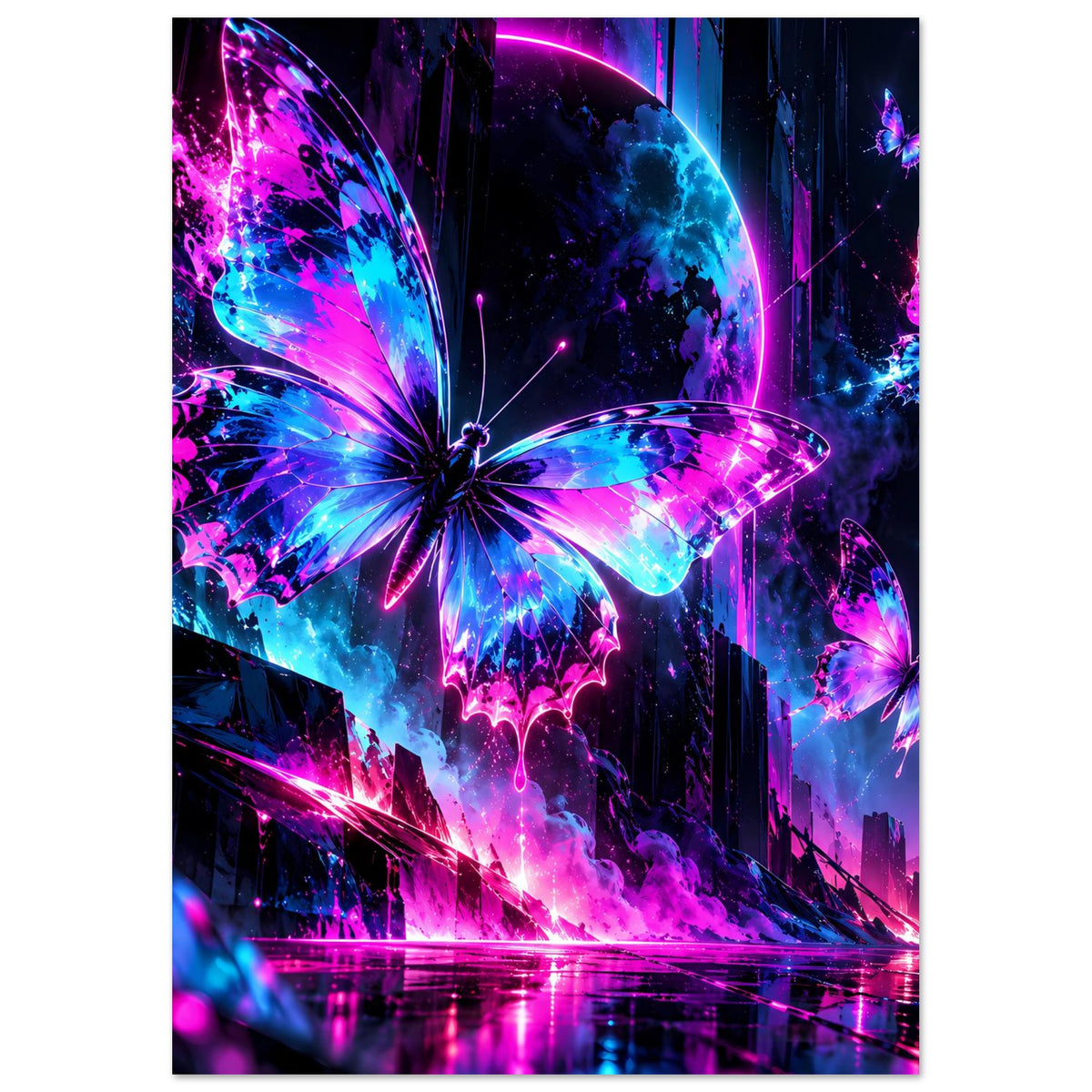 Hochformat-Poster: großer Neon-Schmetterling in Blau-Pink, weitere Schmetterlinge im Hintergrund