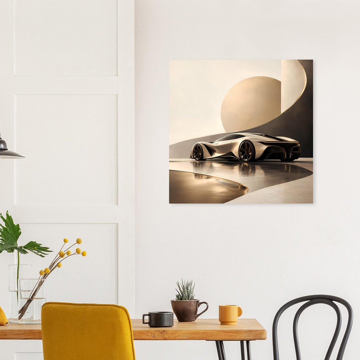Quadratisches Autoposter mit schwarzem Sportwagen und goldener Lichtfläche