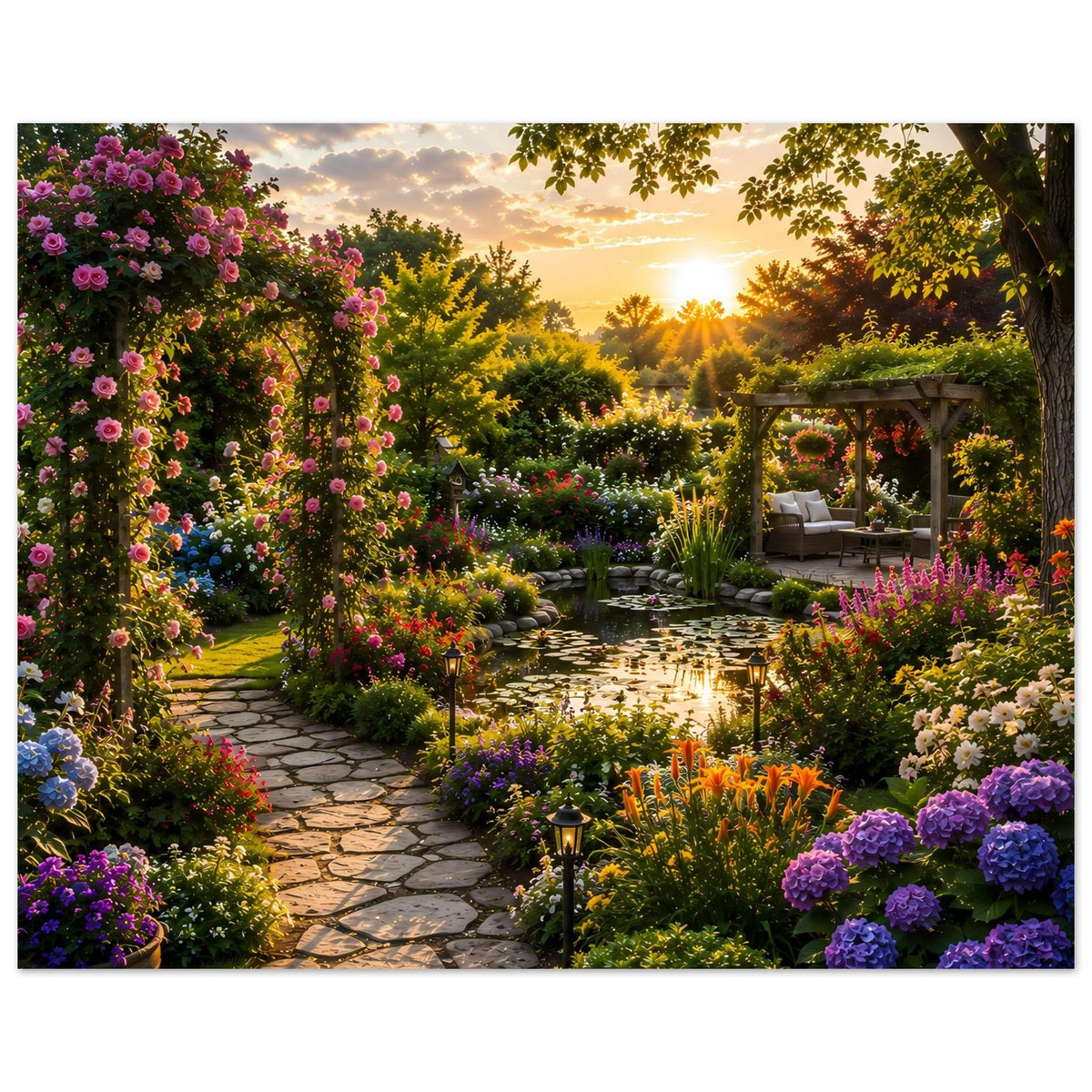 Blumenposter: Gartenweg mit Laternen, üppigen Blüten und kleinem Pavillon im Sonnenlicht