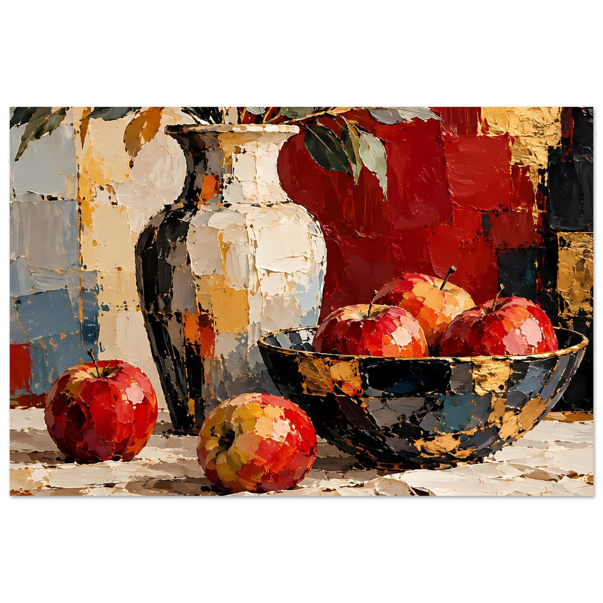 Kunstposter Stillleben: rote und goldene Farbflächen, weiße Vase, Schale mit Früchten
