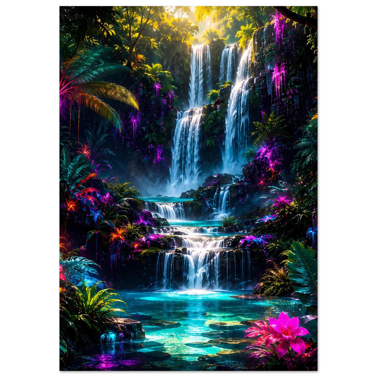 Hochformatiges Poster: Regenwald-Wasserfall mit türkisblauer Strömung und pinken Blumen im Bild.
