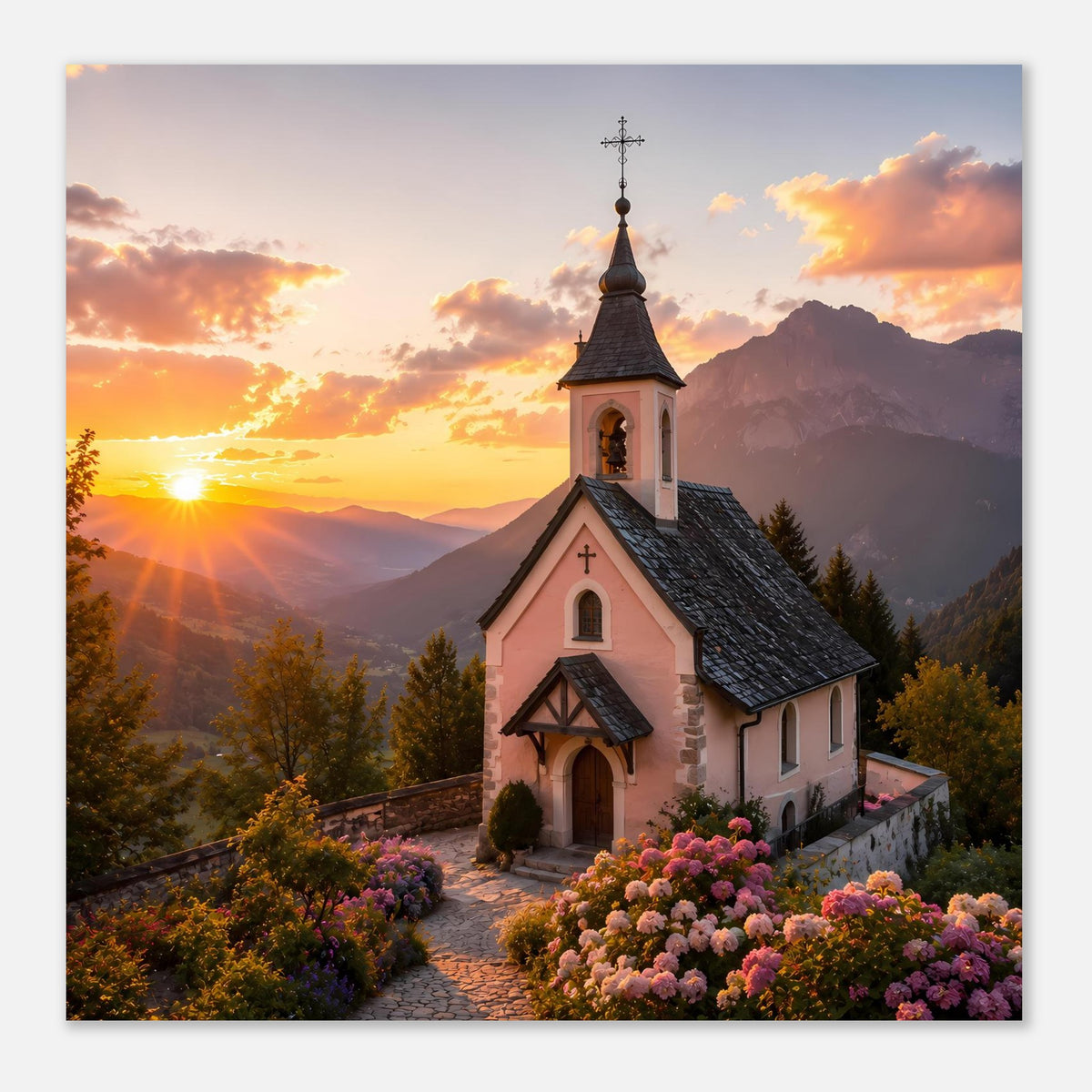 Landschaftsposter mit Kapelle und Glockenturm bei Sonnenuntergang, Weg und Blumenbeet