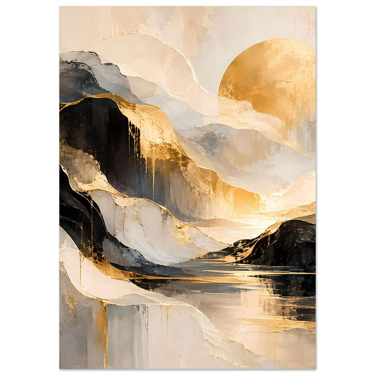 Abstraktes Kunstposter, vertikal gerahmtes Motiv in Schwarz, Gold und Creme mit Landschaftskante