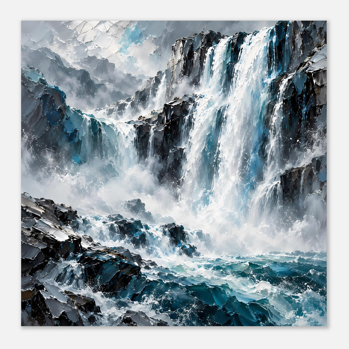 Quadratisches Wasserfall-Poster: Wasserfälle, Felsklippen und Meer in Blau-Weiß-Grau