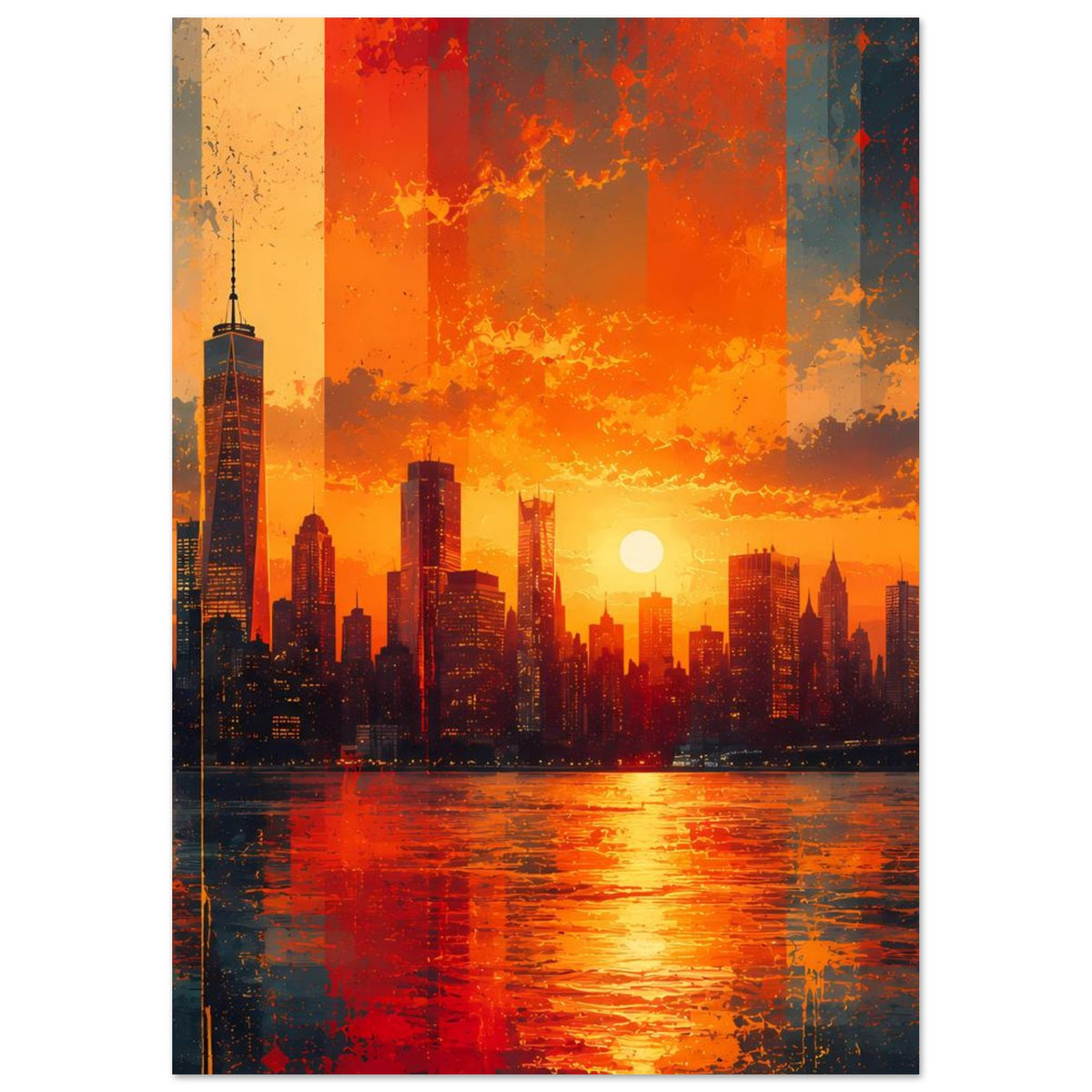 Stadtposter im Hochformat: orange-rote Himmelswolken, Skyline und reflektiertes Sonnenlicht