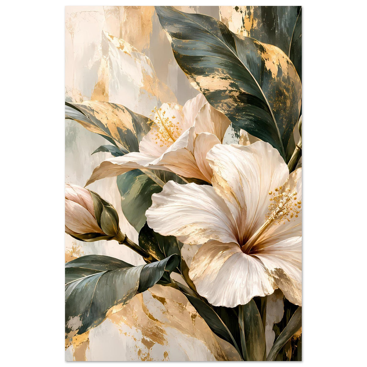 Blumenposter mit zentraler Hibiskusblüte, goldfarbenen Staubpunkten und grünem Blattwerk