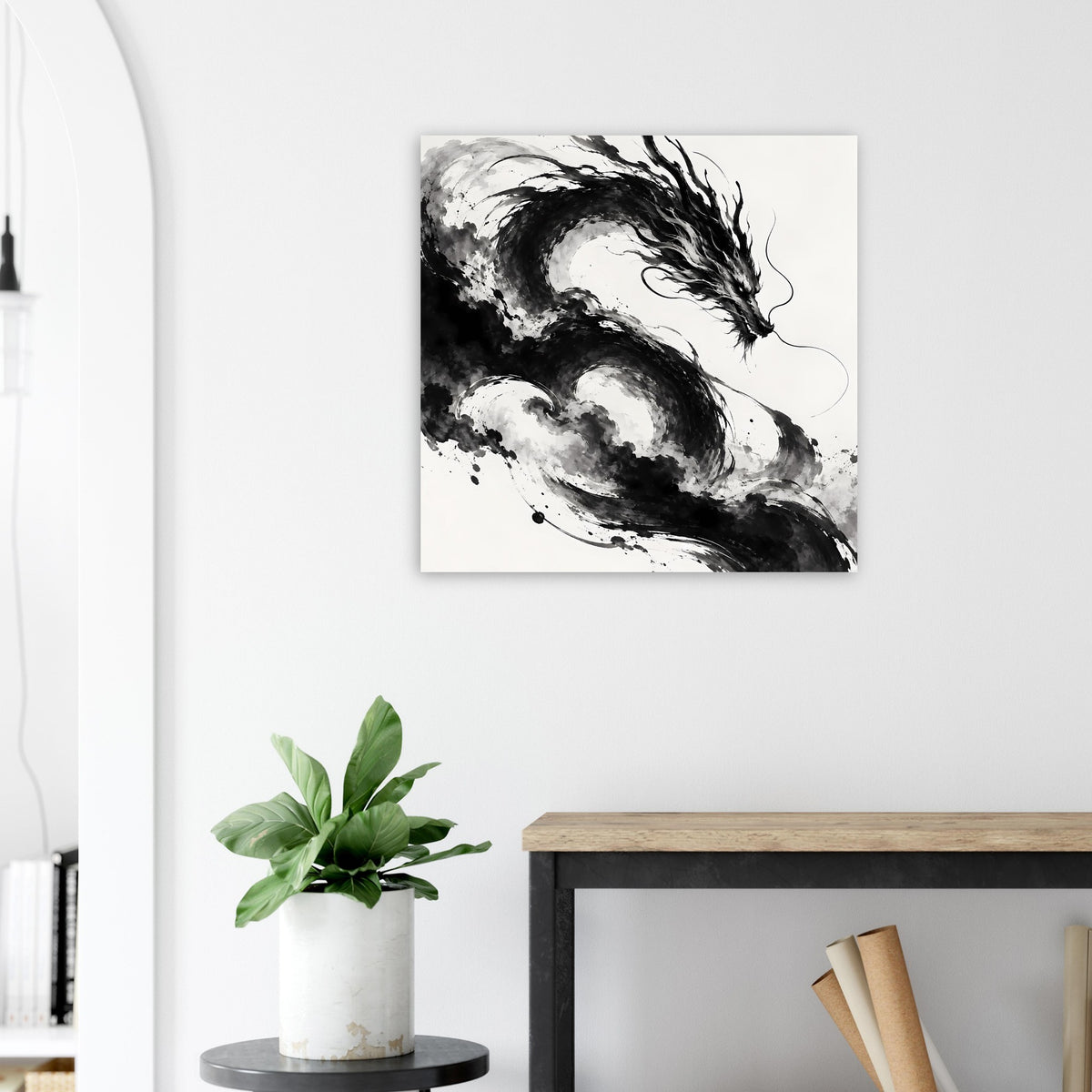 Schwarzweiß-Poster mit Tinten-Drachenmotiv, rechteckig im weißen Rahmen