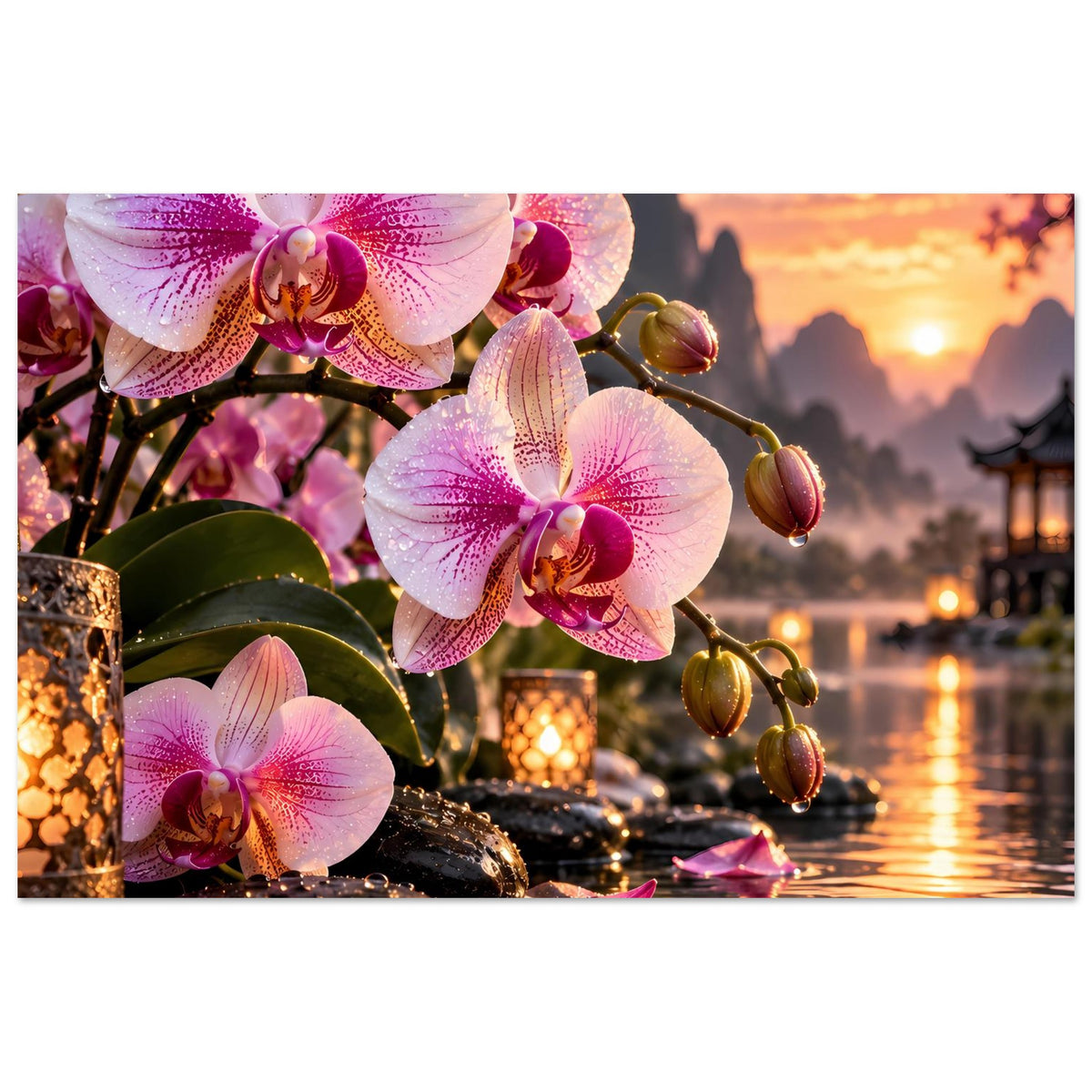 Poster mit rosa Orchideen und Kerzenpfad am See