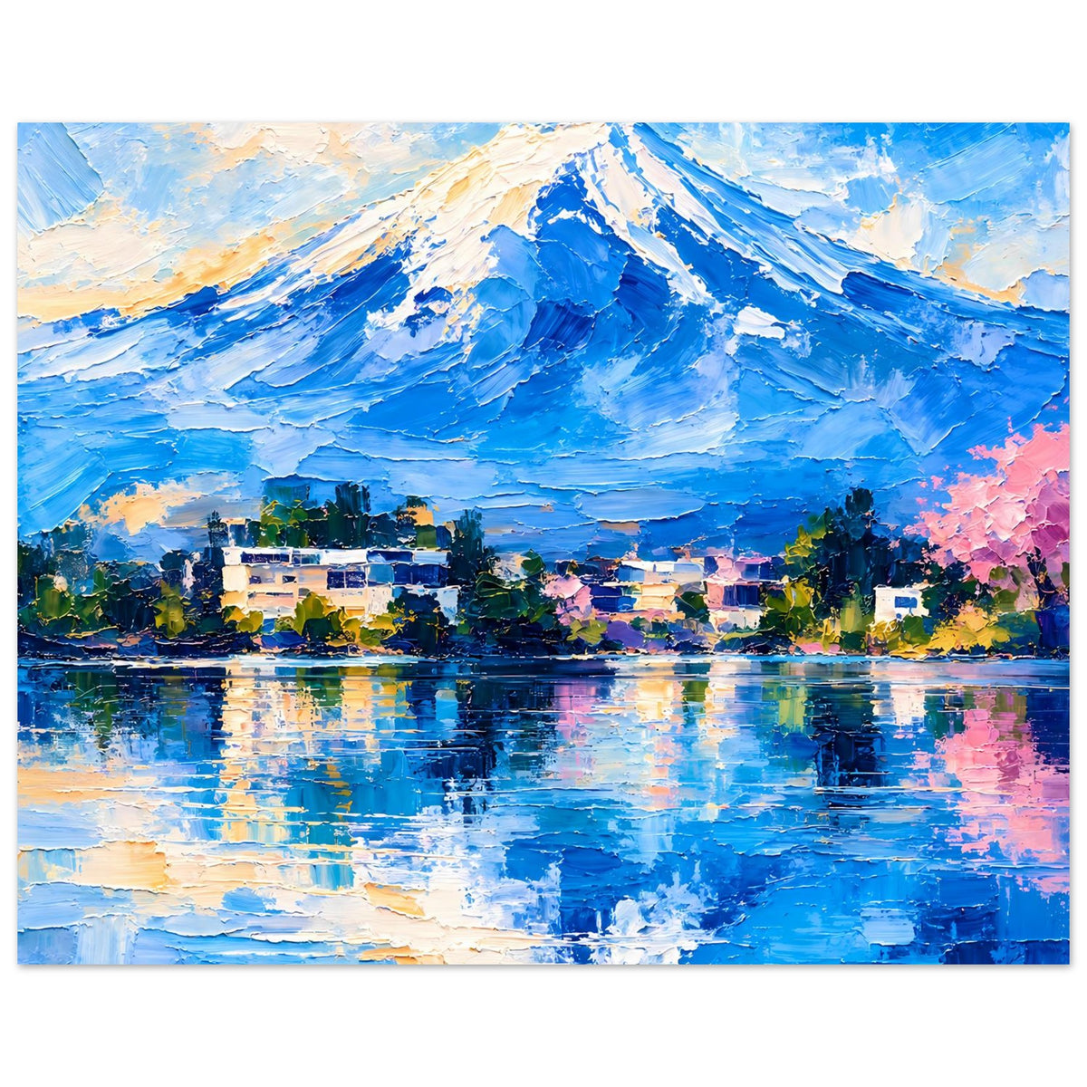 Querformat-Poster: Berglandschaft in Blau mit Spiegelungen im Wasser und Uferbebauung