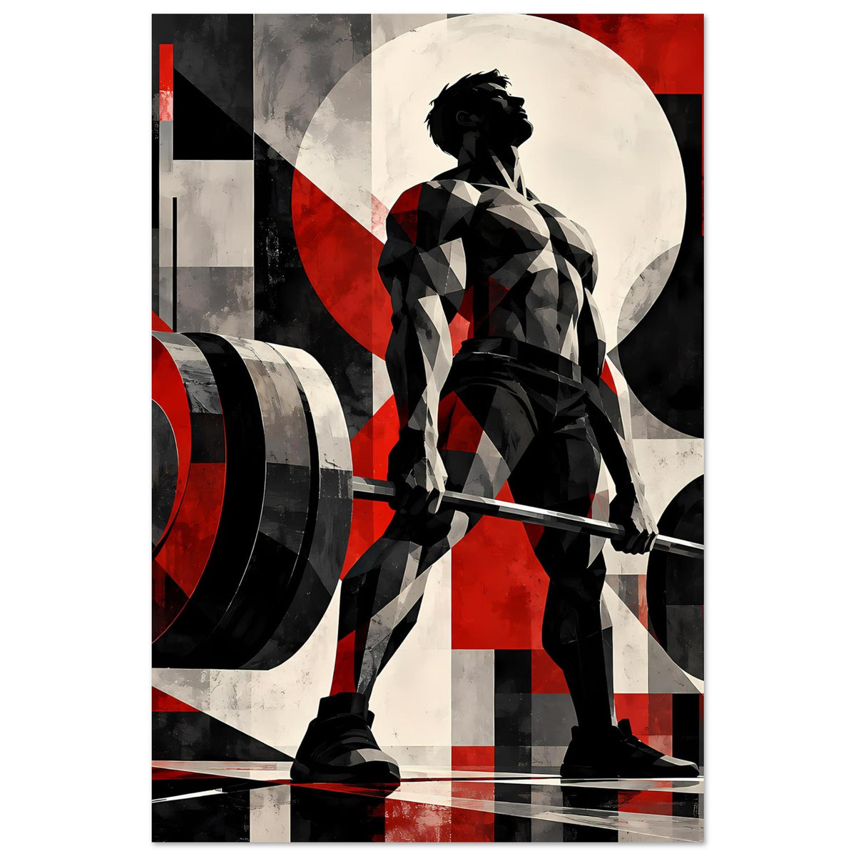 Fitnessposter (hochkant) mit Hantelstange und kraftvollem Sportlermotiv in Schwarz und Rot