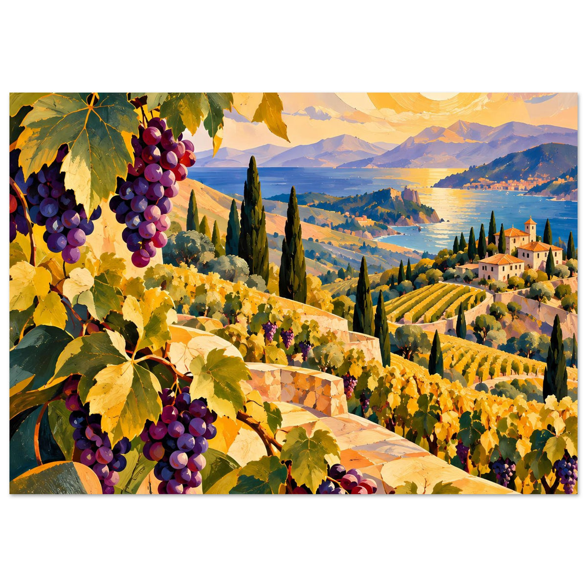 Landschaftsposter mit mediterranen Weinreben, Weinbergen im Tal und Fluss im Hintergrund