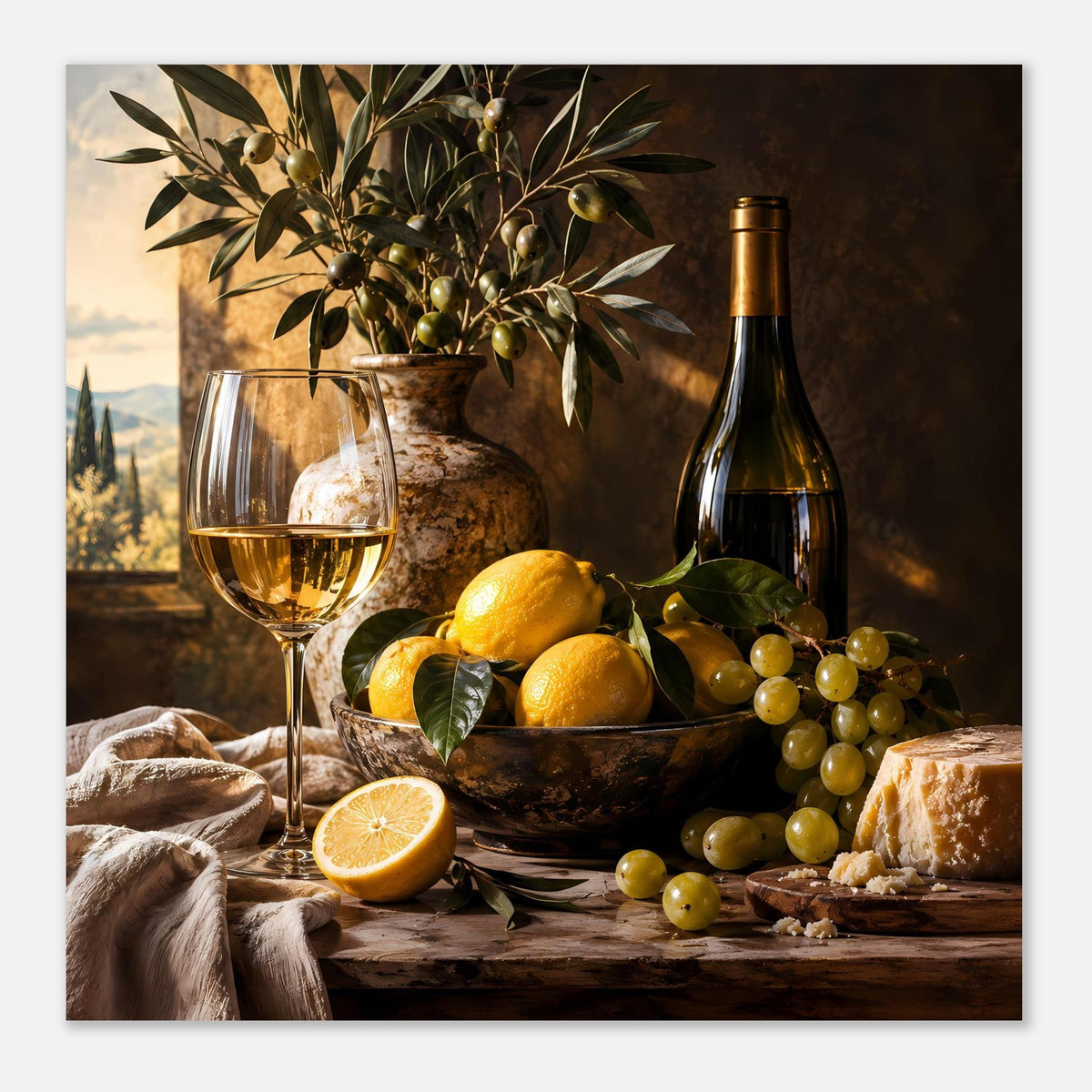Nahansicht-Poster: Zitrone, Weintrauben, Käse und Glas Wein auf dem Tisch.