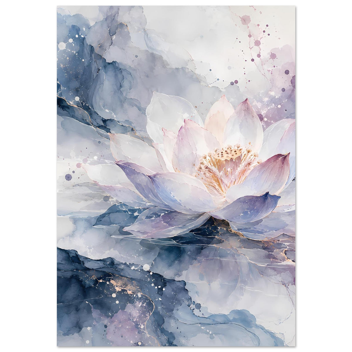 Vertikales Blumenposter mit Lotusblüte, zarten Rosa- und Violetttönen sowie Wassertropfen