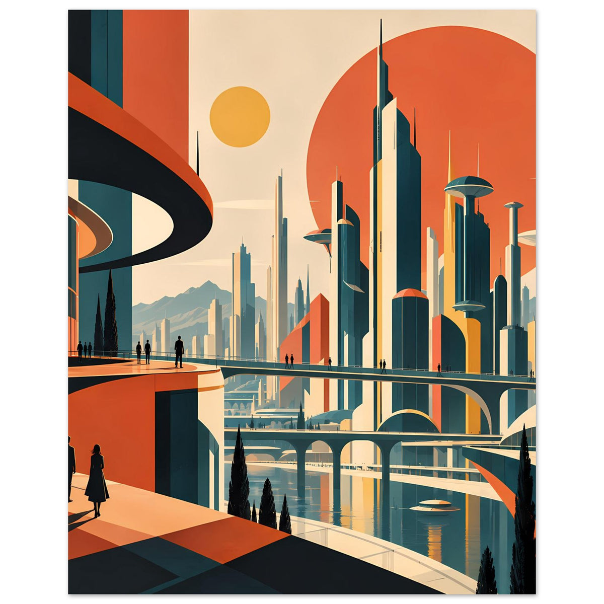 Retro-Stadtposter im Hochformat: futuristische Gebäude, große rote Kreise, Brücke und Spaziergänger