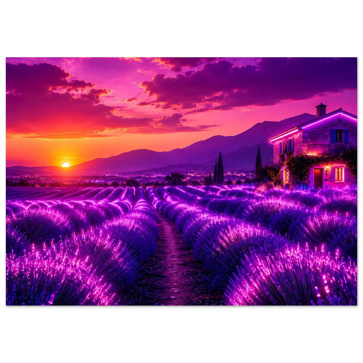 Premium-Poster mit leuchtendem Lavendelfeld und Haus bei Sonnenuntergang, Querformat